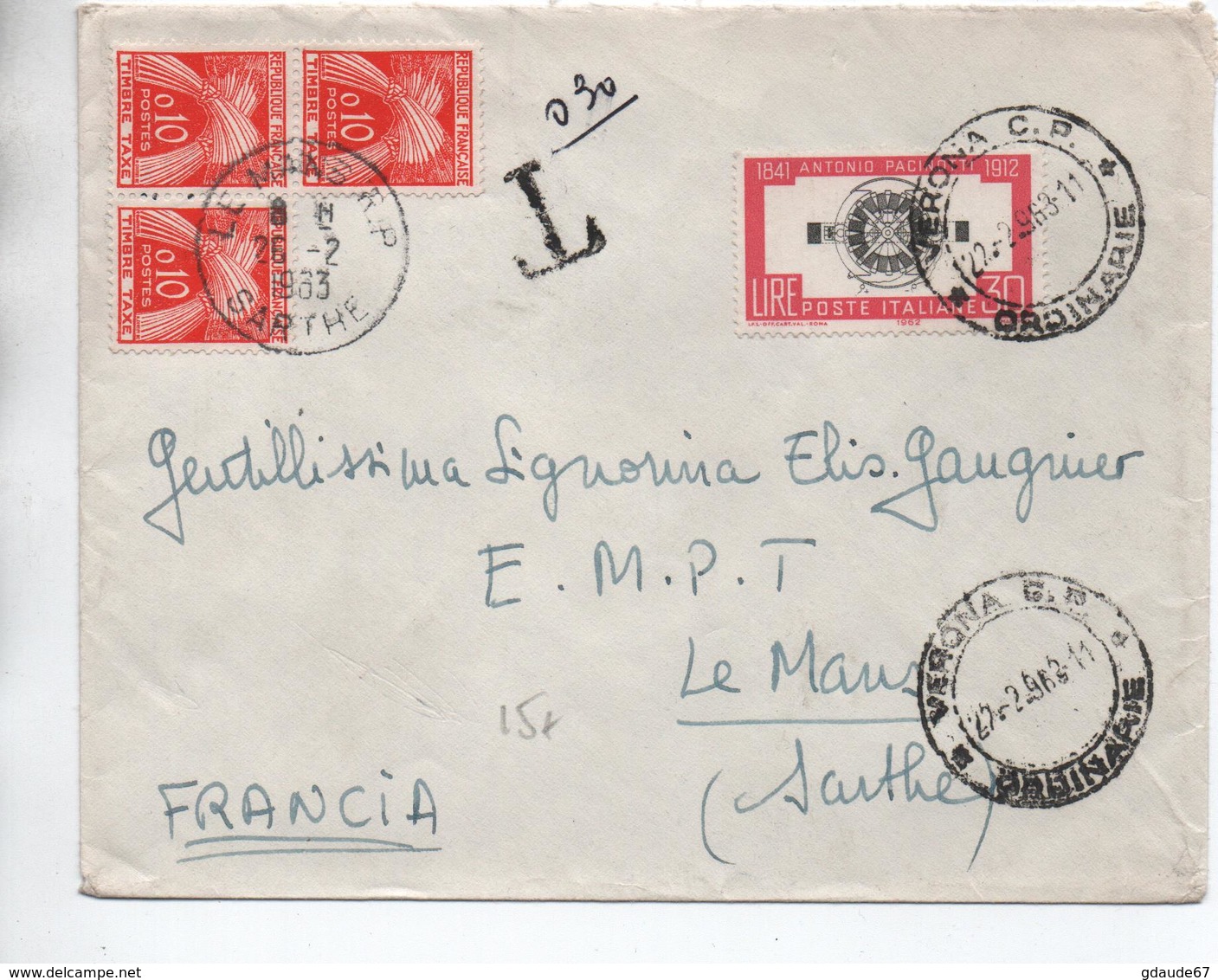 1963 - ENVELOPPE De VERONA Pour LE MANS (SARTHE) Avec TAXE GERBES - 1961-70: Marcophilia