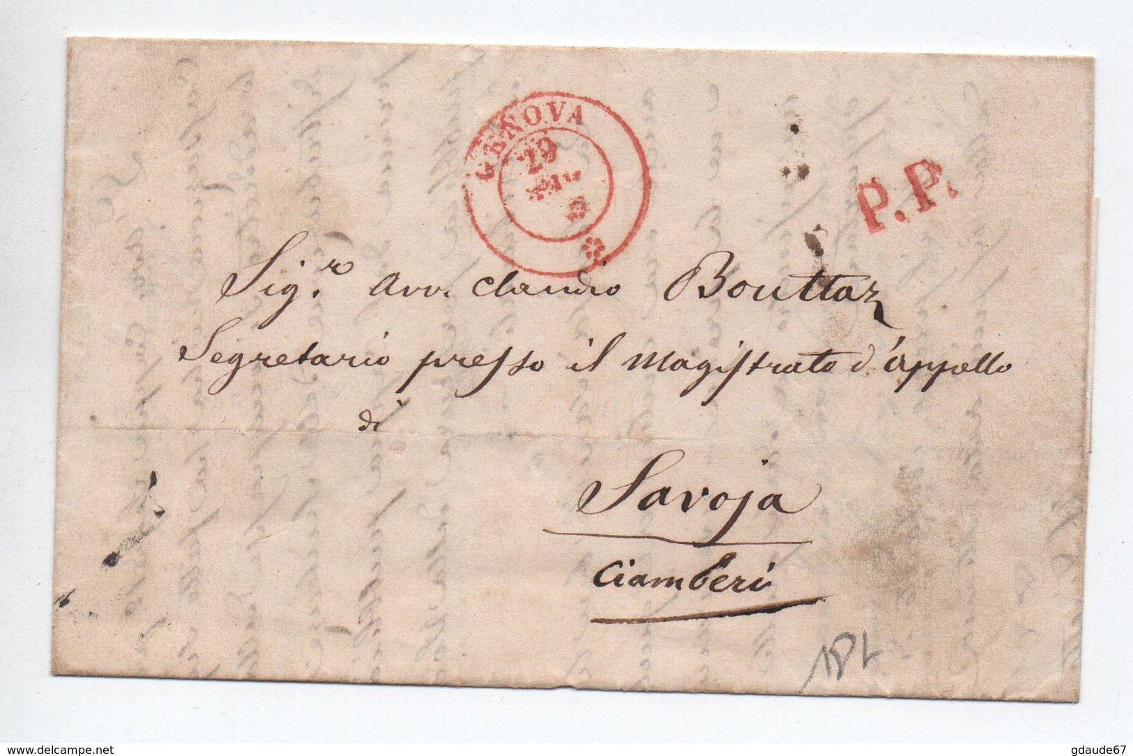 1852 - LETTRE Avec CACHET ROUGE De GENOVA Pour CHAMBERY (SAVOIE) - ...-1850 Voorfilatelie