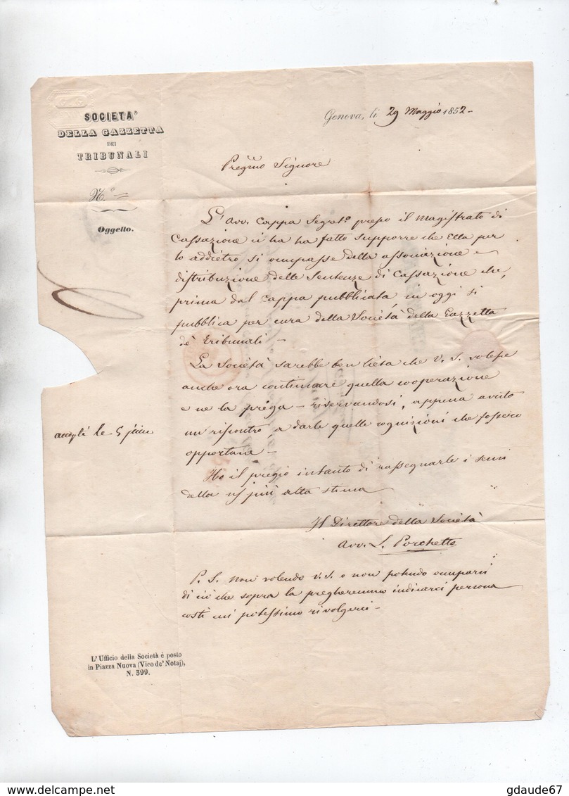 1852 - LETTRE Avec CACHET ROUGE De GENOVA Pour CHAMBERY (SAVOIE) - 1. ...-1850 Prefilatelia