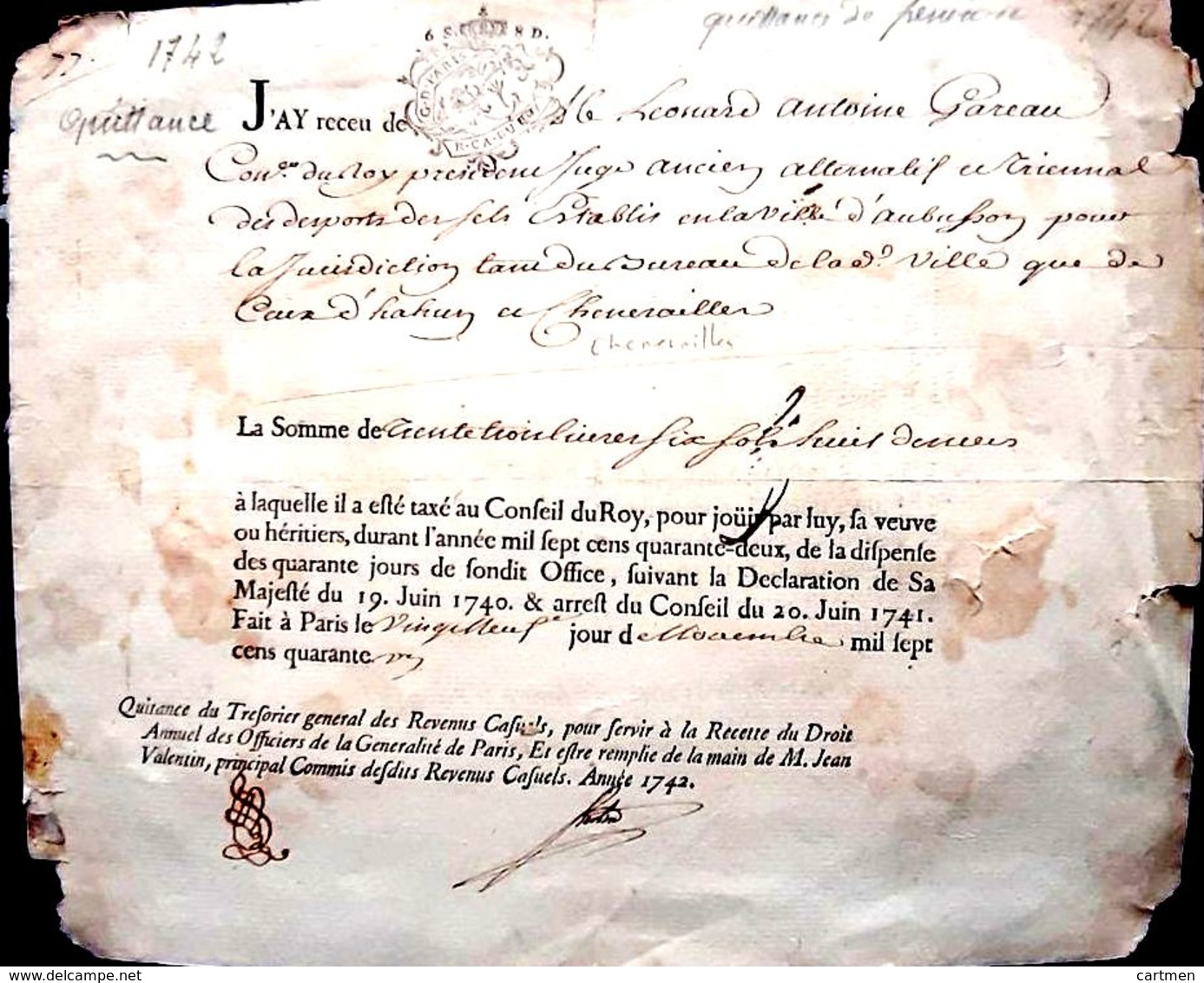 42 CHENERAILLES QUITTANCE DE PENSION DE 1742 CACHET DE GENERALITE SIGNATURES - Historical Documents