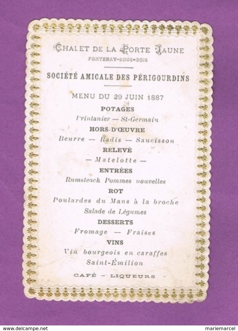 D94. FONTENAY-SOUS-BOIS.  MENU DU 20 JUIN 1887. CHALET DE LA PORTE  JAUNE. - Menus