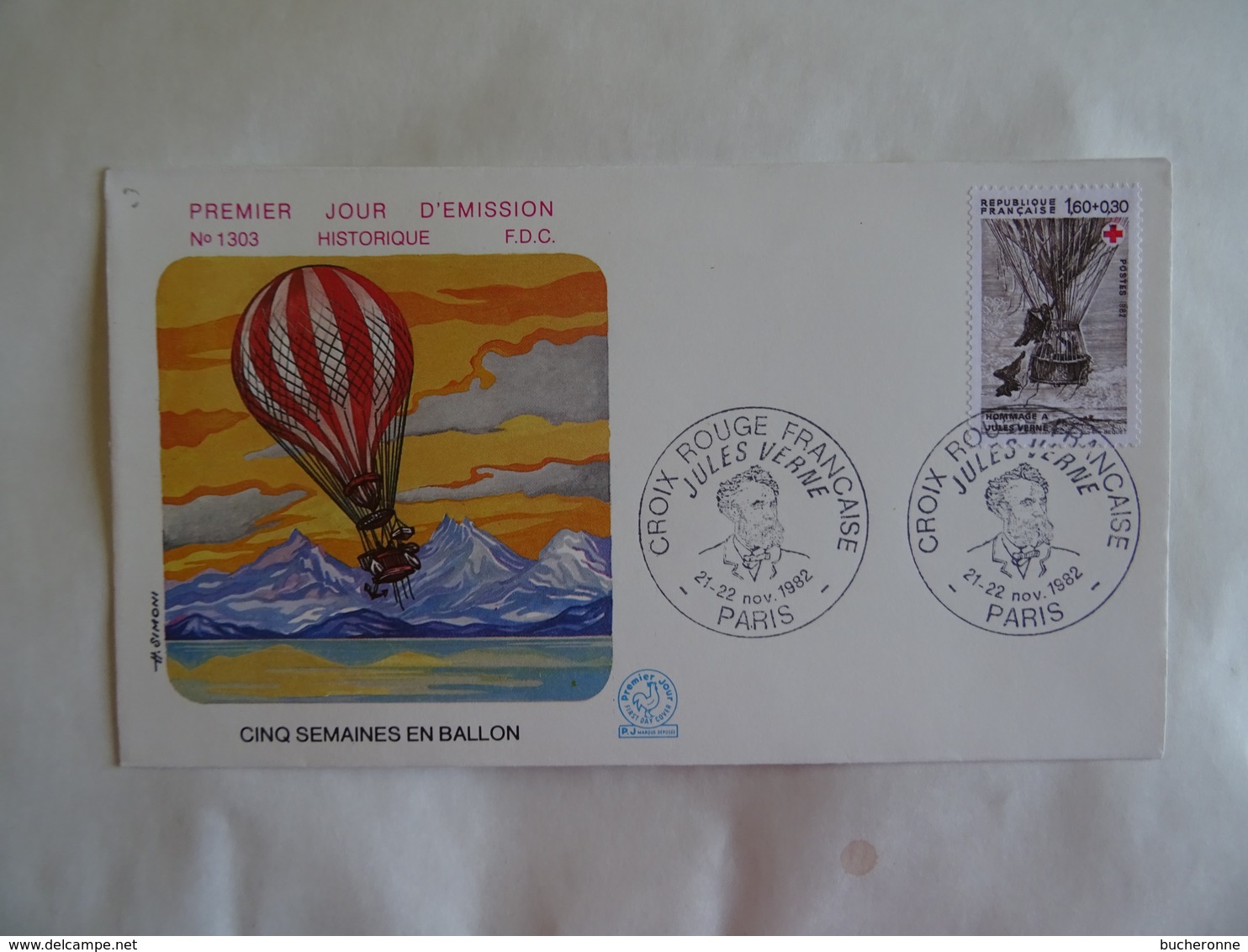 Enveloppe 1982 CROIX ROUGE  CINQ SEMAINES EN BALLON  H. Simoni JULES VERNES FDC N° 1303  PARIS 75 - Documenten Van De Post