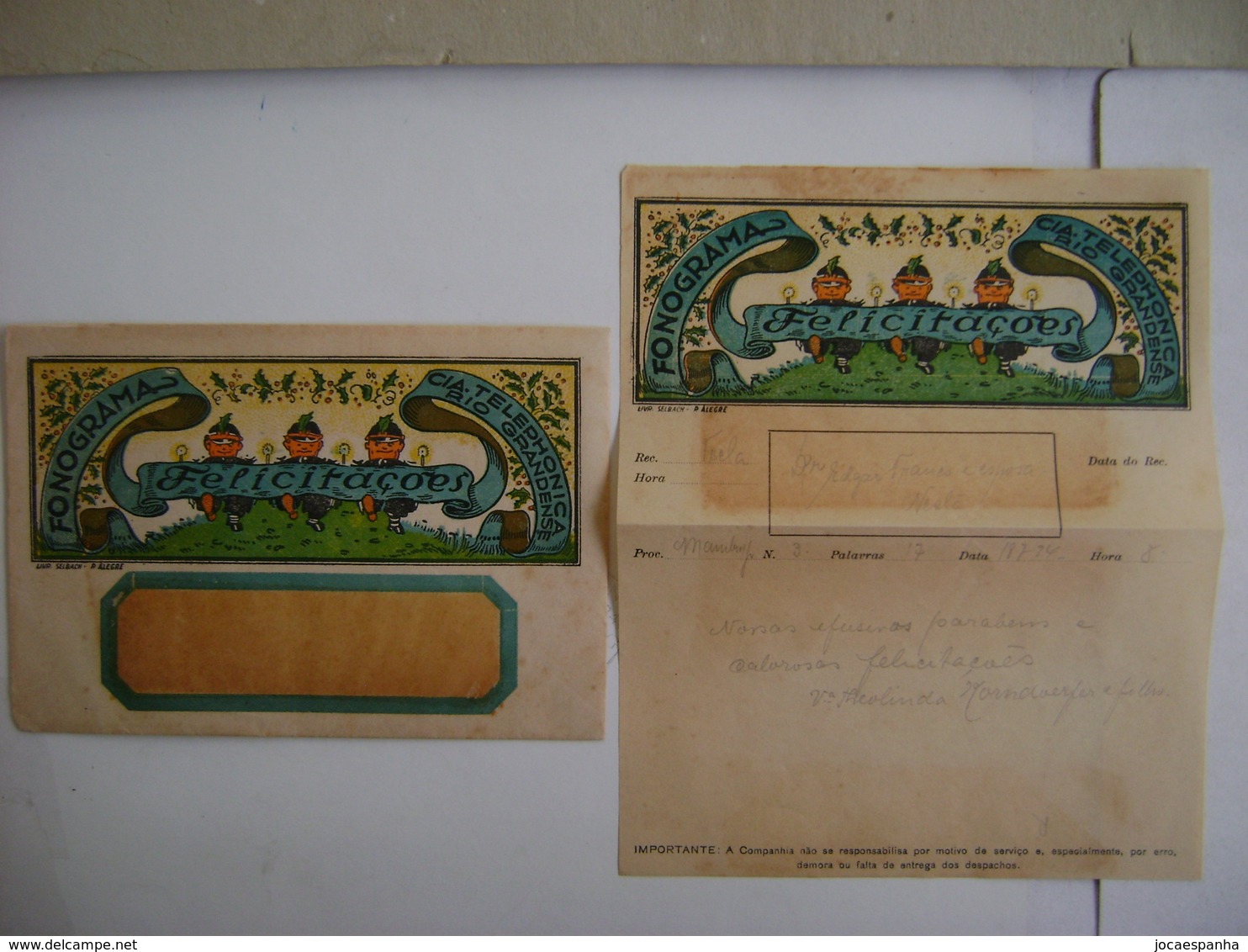 ENVELOPE WITH THE MESSAGE FROM "TELEPHONICA COMPANY RIO GRANDENSE" (BRAZIL) IN 1934 IN THE STATE - Otros & Sin Clasificación