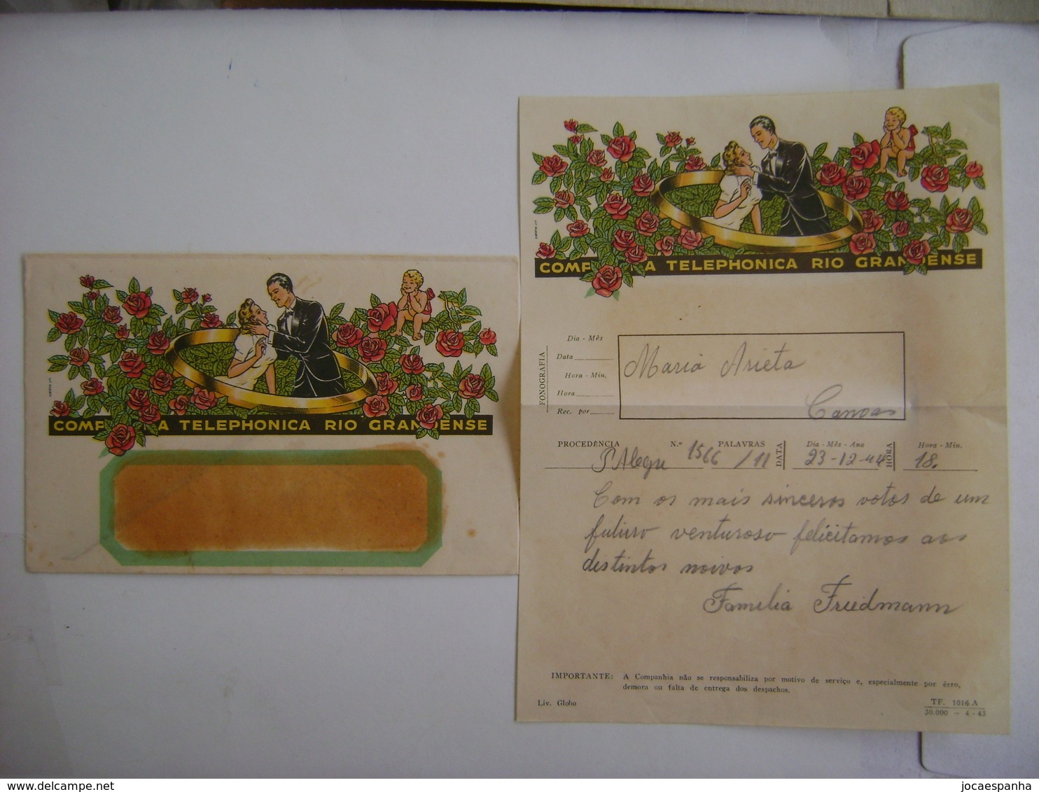 ENVELOPE WITH THE MESSAGE FROM "TELEPHONICA COMPANY RIO GRANDENSE" (BRAZIL) IN 1944 IN THE STATE - Altri & Non Classificati