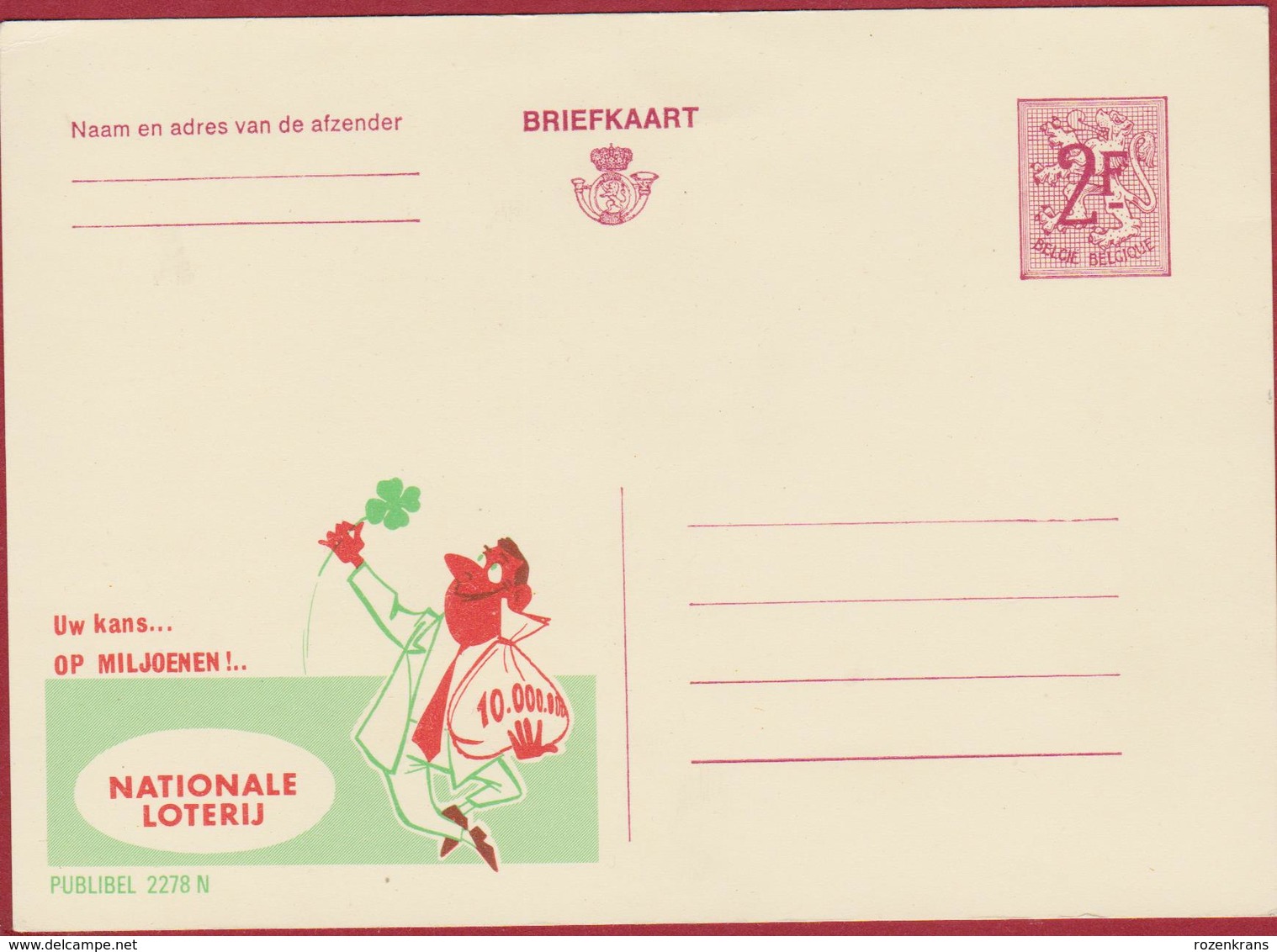 Filatelie Gele Briefkaart National Loterij RECLAME Klavertje Vier Trefle - Billetes De Lotería