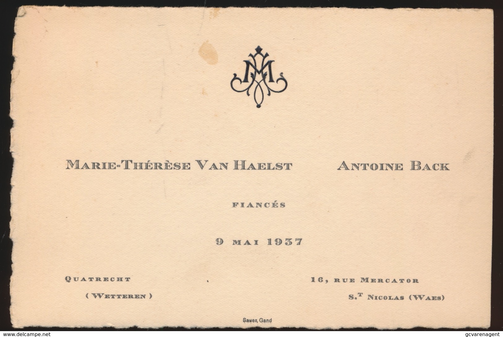 MARIE TH VAN HAEST (WETTEREN )   9 MAI 1937  ANTOINE BACK  ( ST NICOLAS ) FIANSES   14 X 9 CM - Compromiso