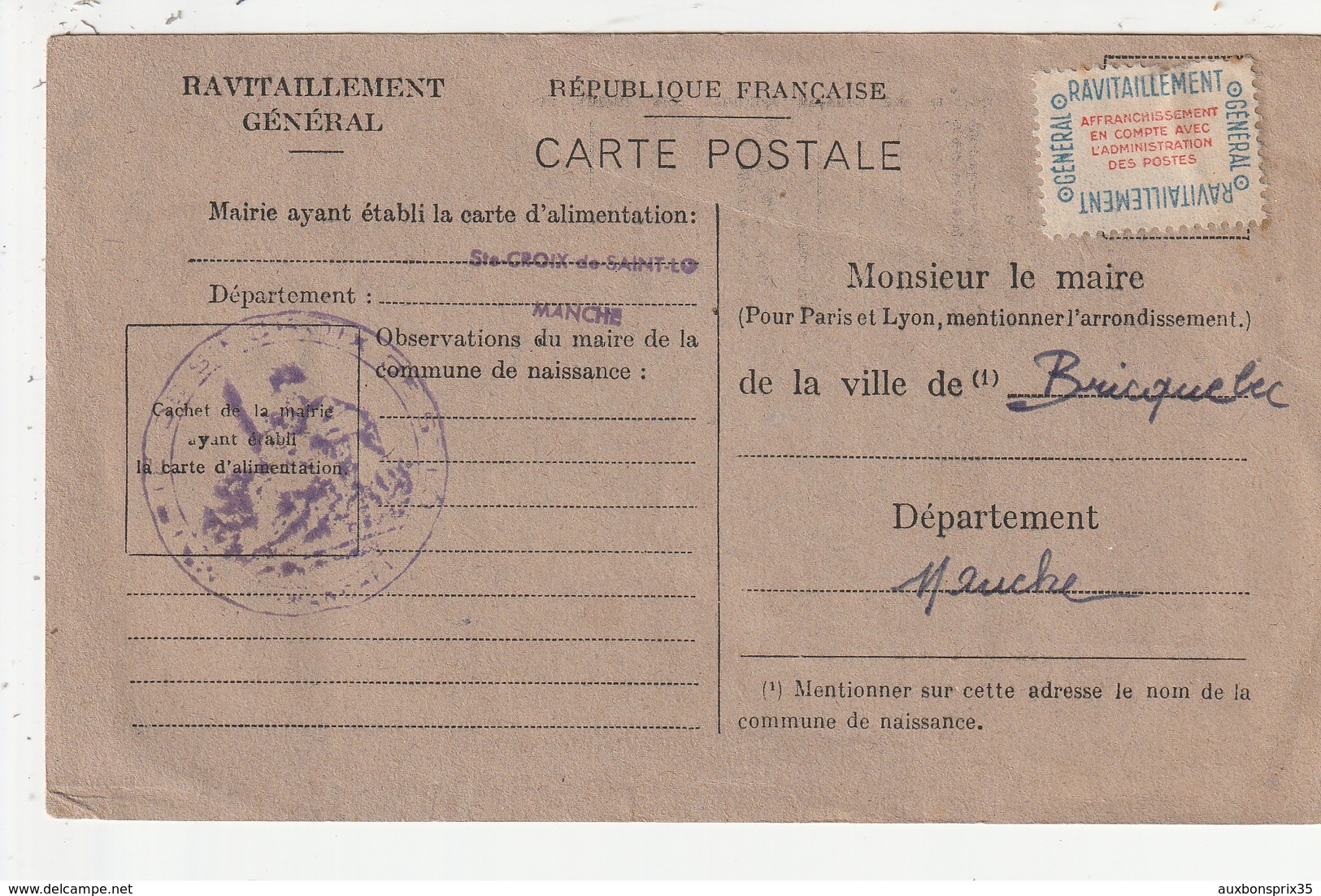 CARTE DE RAVITAILLEMENT - BRICQUEBEC - MADAME JOUNINET - STE CROIX DE SAINT LO - 1944 - 50 - Ohne Zuordnung