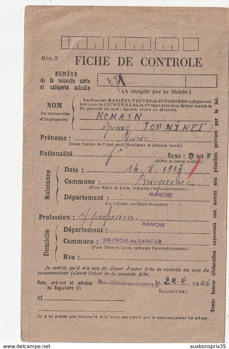 CARTE DE RAVITAILLEMENT - BRICQUEBEC - MADAME JOUNINET - STE CROIX DE SAINT LO - 1944 - 50 - Ohne Zuordnung