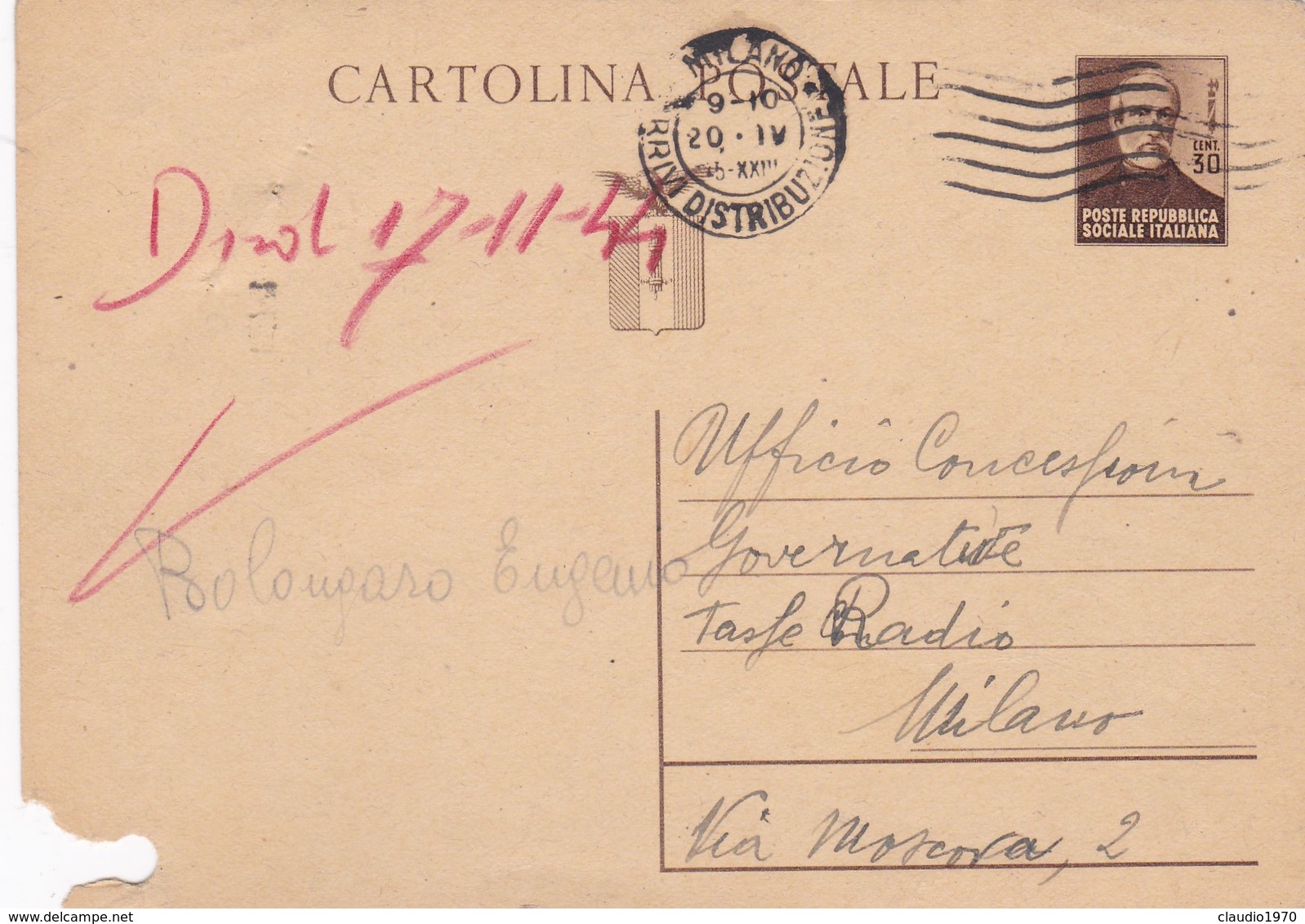 ITALIA -  MILANO - R.S.I. - INTERO POSTALE  C. 30 - GIUSEPPE MAZZINI - VIAGGIATO PER MILANO - Stamped Stationery