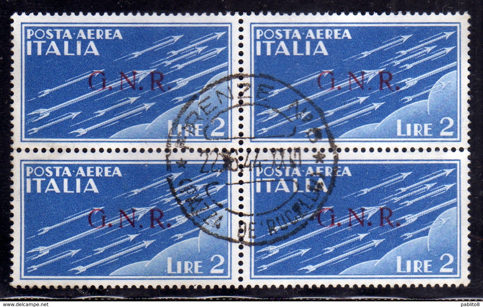 ITALIA REGNO ITALY KINGDOM 1944 RSI GNR REPUBBLICA SOCIALE POSTA AEREA AIR MAIL SOGGETTI ALLEGORICI LIRE 2 USATO USED - Luftpost