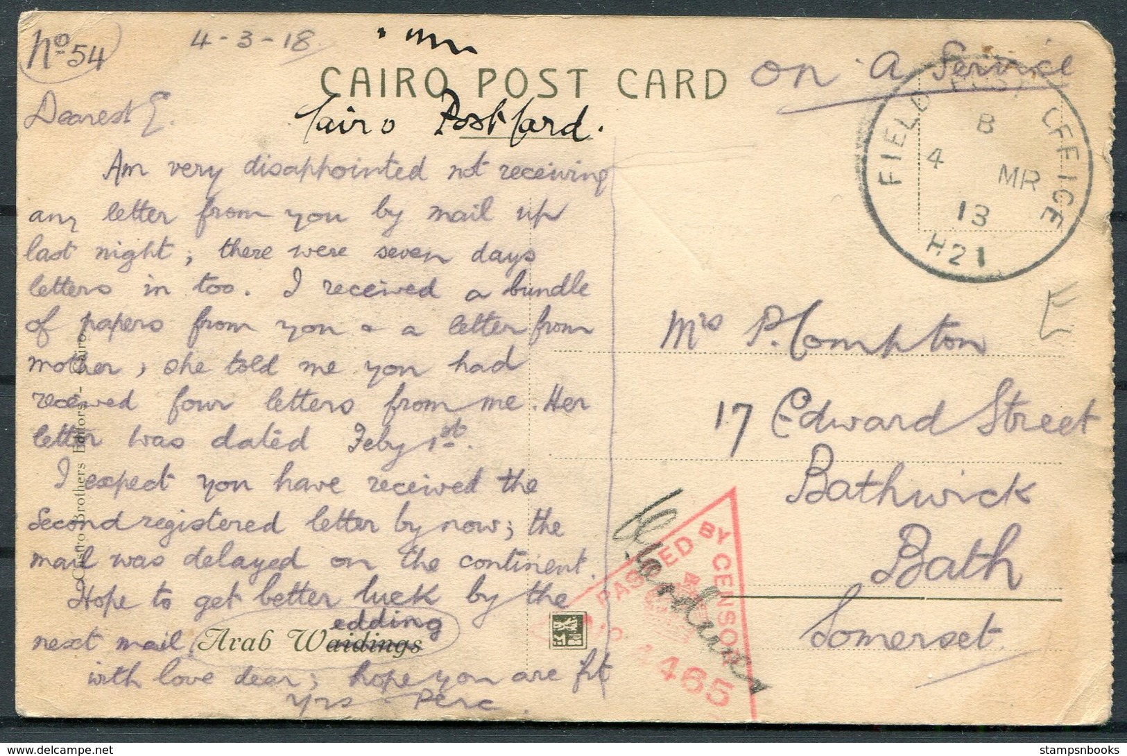 1918 GB Field Post Office H21 Jaffa Palestine O.A.S. Censor Postcard - Bathwick Bath. 21 Corp HQ. WW1 F.P.O. - Briefe U. Dokumente