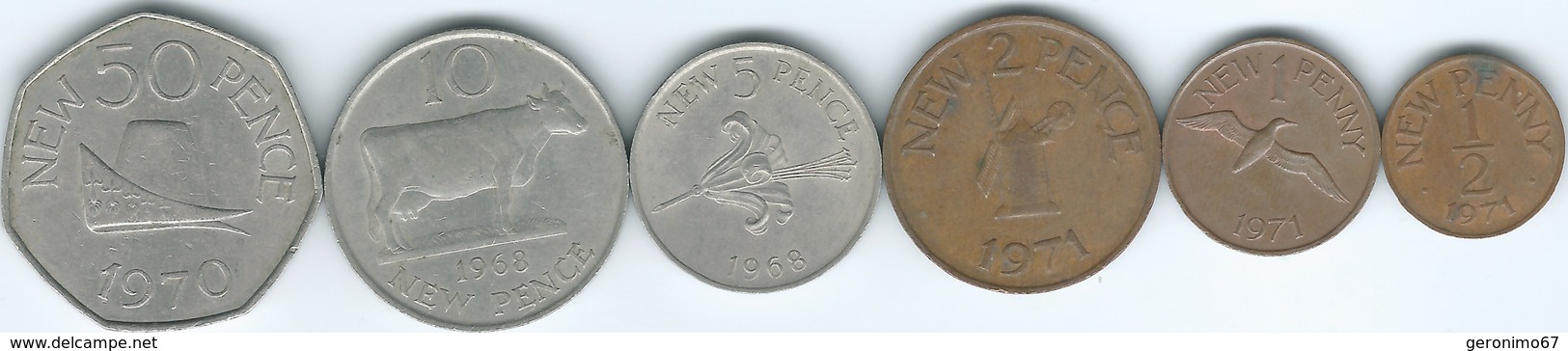 Guernsey - Elizabeth II - Decimal - ½ (1971) 1 (1971) 2 (1971) 5 (1968) 10 (1968) & 50 Pence (1970) (KMs 20-25) - Guernesey