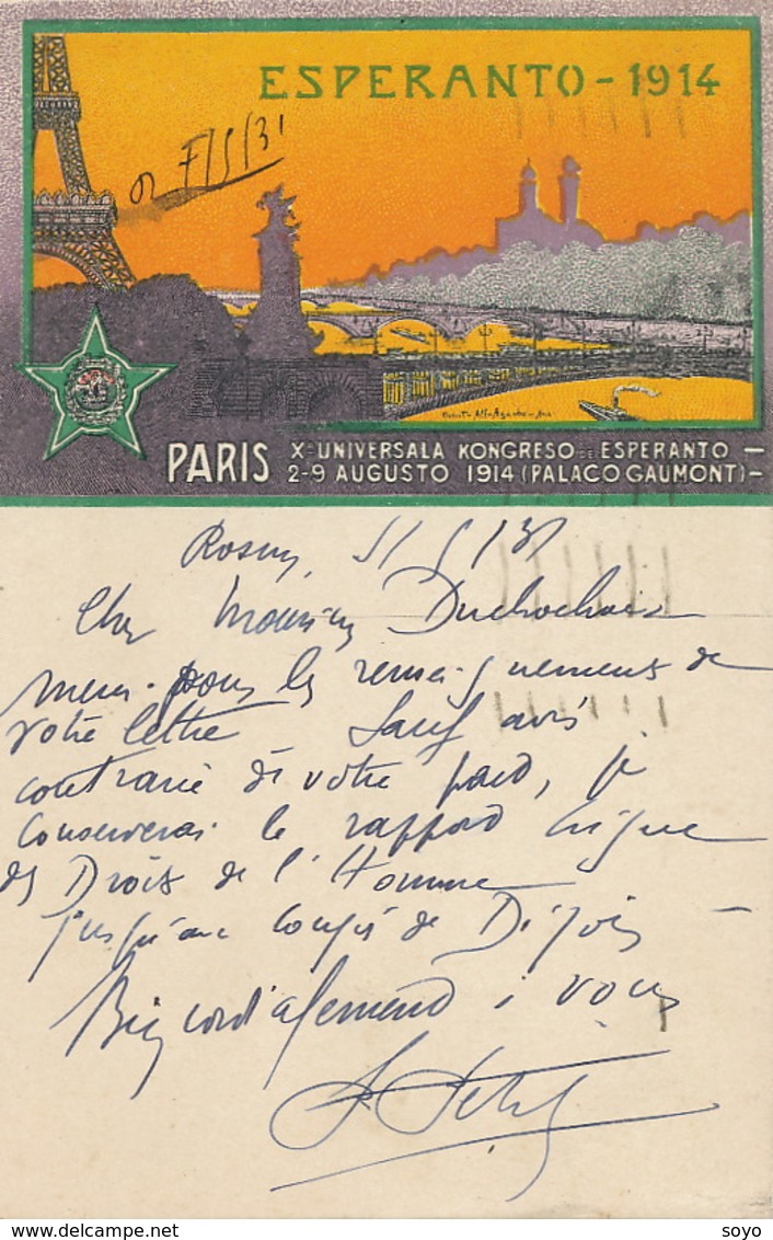 Esoperanto 1914  Paris Tour Eiffel Donat Agache Signée Vers Duchochois Boulogne Sur Mer - Esperanto