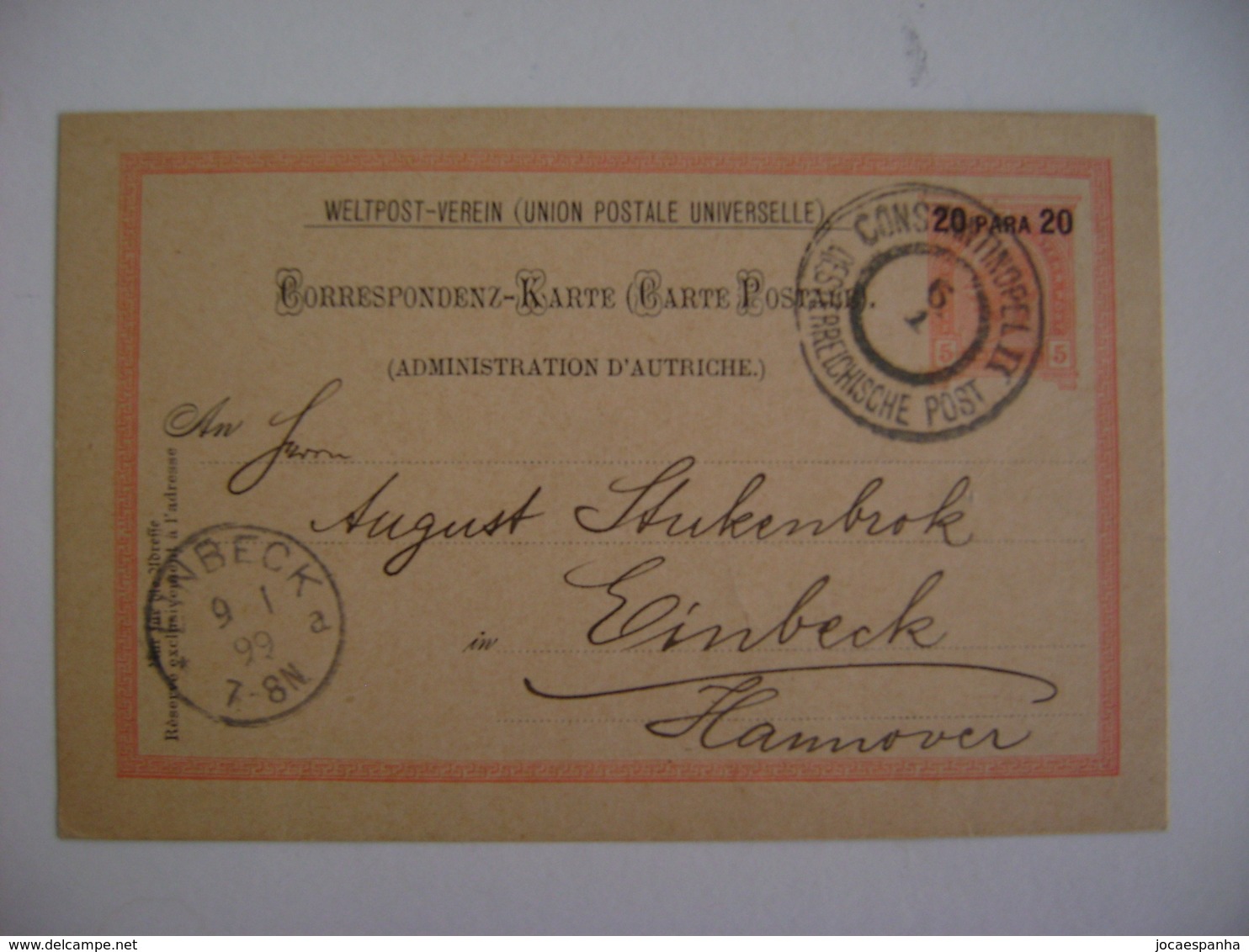 TURKEY - POST TICKET SENT FROM CONSTANTINOPLE TO EINBECK (GERMANY) IN 1899 IN THE STATE - Eastern Austria