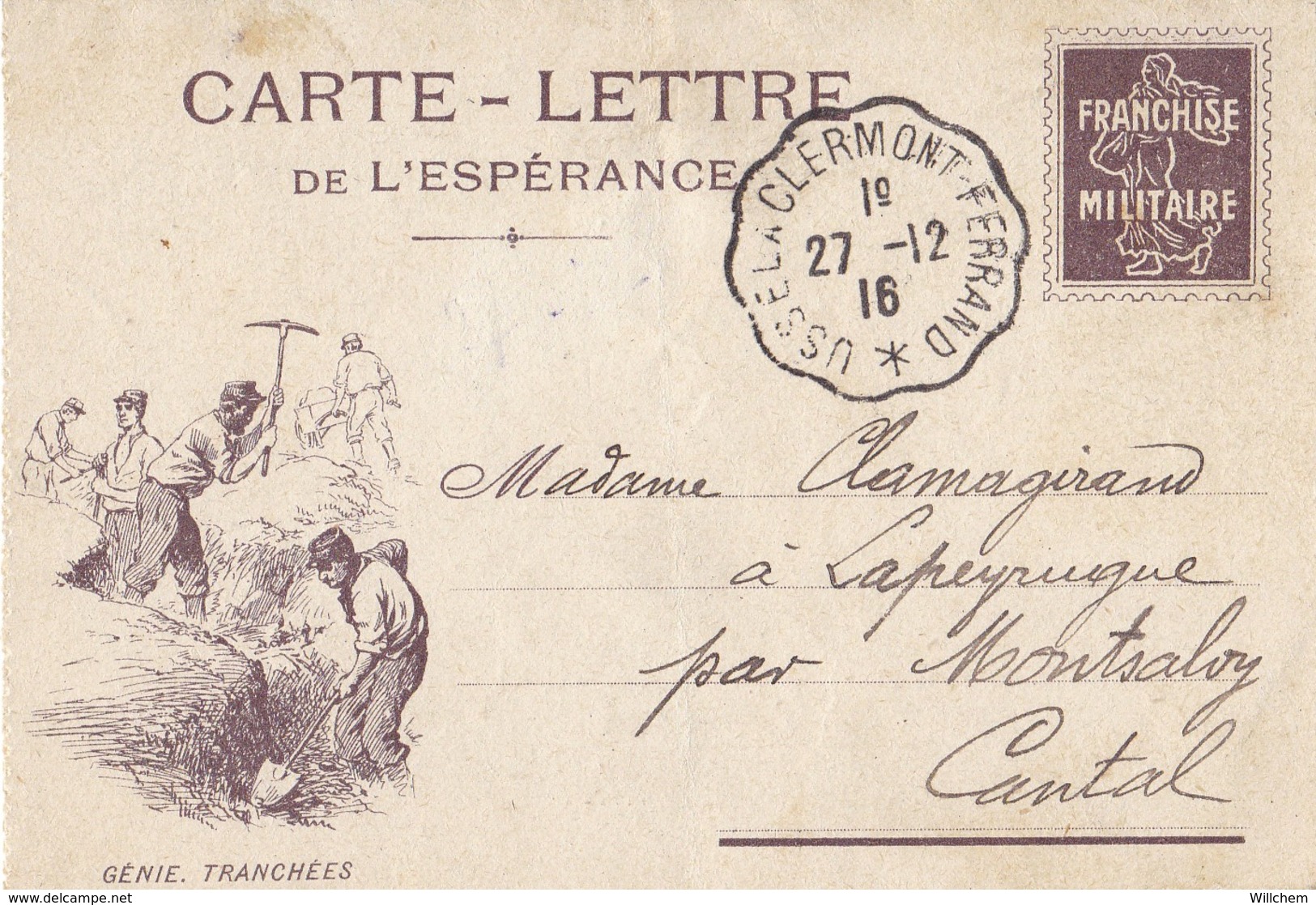 Carte-Lettre De L'Espérance /  Franchise Militaire / Cachet Convoyeurs-Lignes USSEL à CLERMONT-FERRRAND. - Timbres De Franchise Militaire