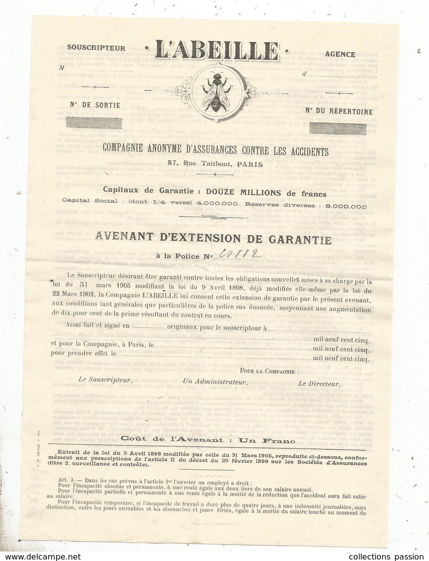 Assurance , 2 Pages ,  L'ABEILLE , Avenant D'extension De Garantie , 1905 , Frais Fr 1.65 E - Bank & Insurance