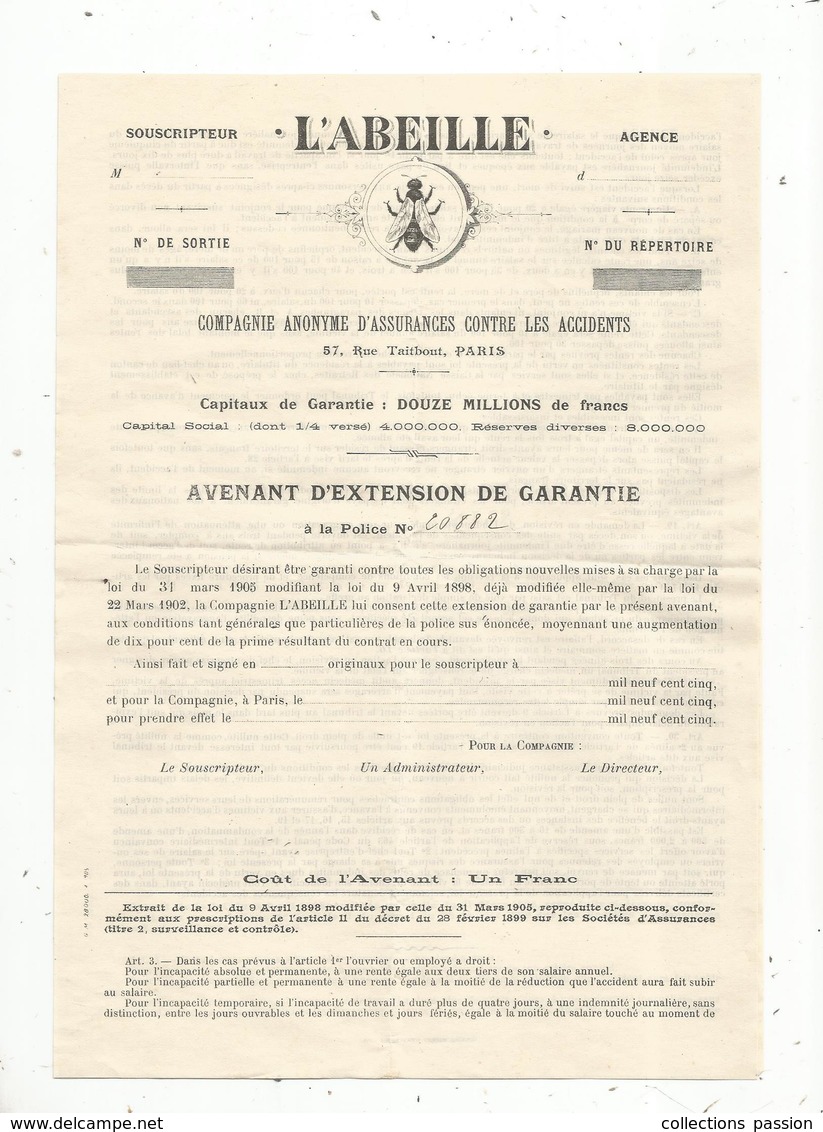 Assurance , 2 Pages ,  L'ABEILLE , Avenant D'extension De Garantie , 1905 , Frais Fr 1.65 E - Banco & Caja De Ahorros