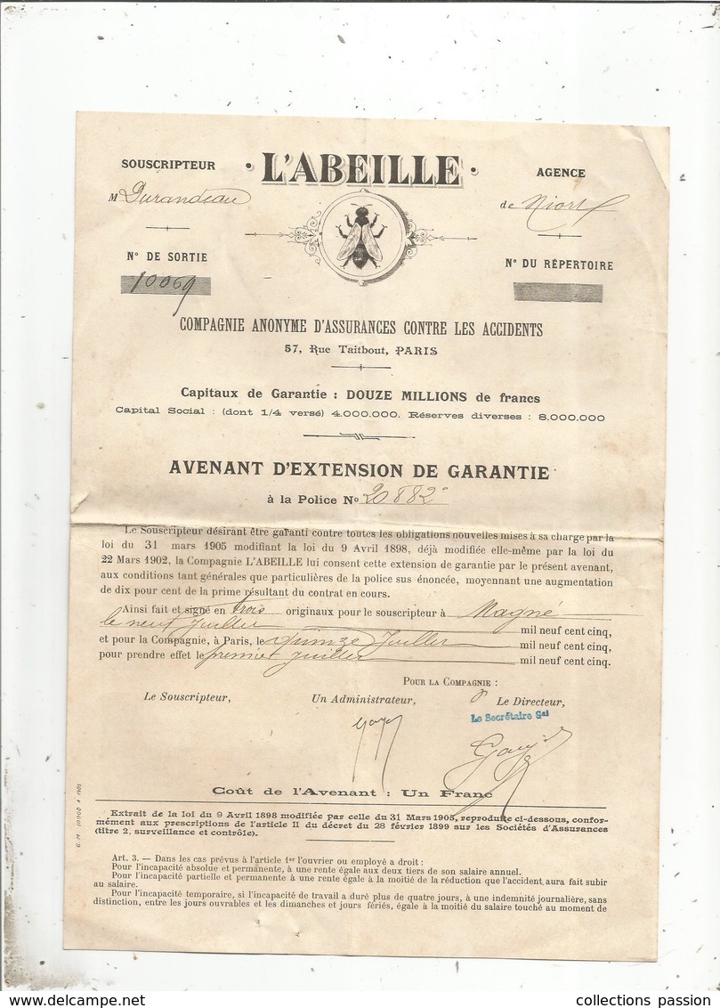 Assurance , 2 Pages ,  L'ABEILLE , Avenant D'extension De Garantie , Agence De Niort , 1905 , Frais Fr 1.65 E - Banca & Assicurazione