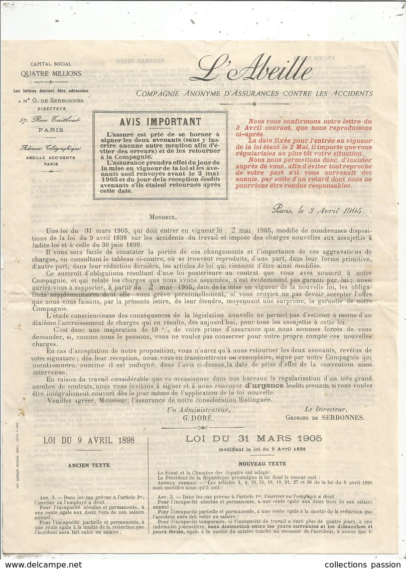 Assurance , 4 Pages ,  L'ABEILLE ,loi Du 31 Mars 1905 , Frais Fr 1.75 E - Bank & Insurance