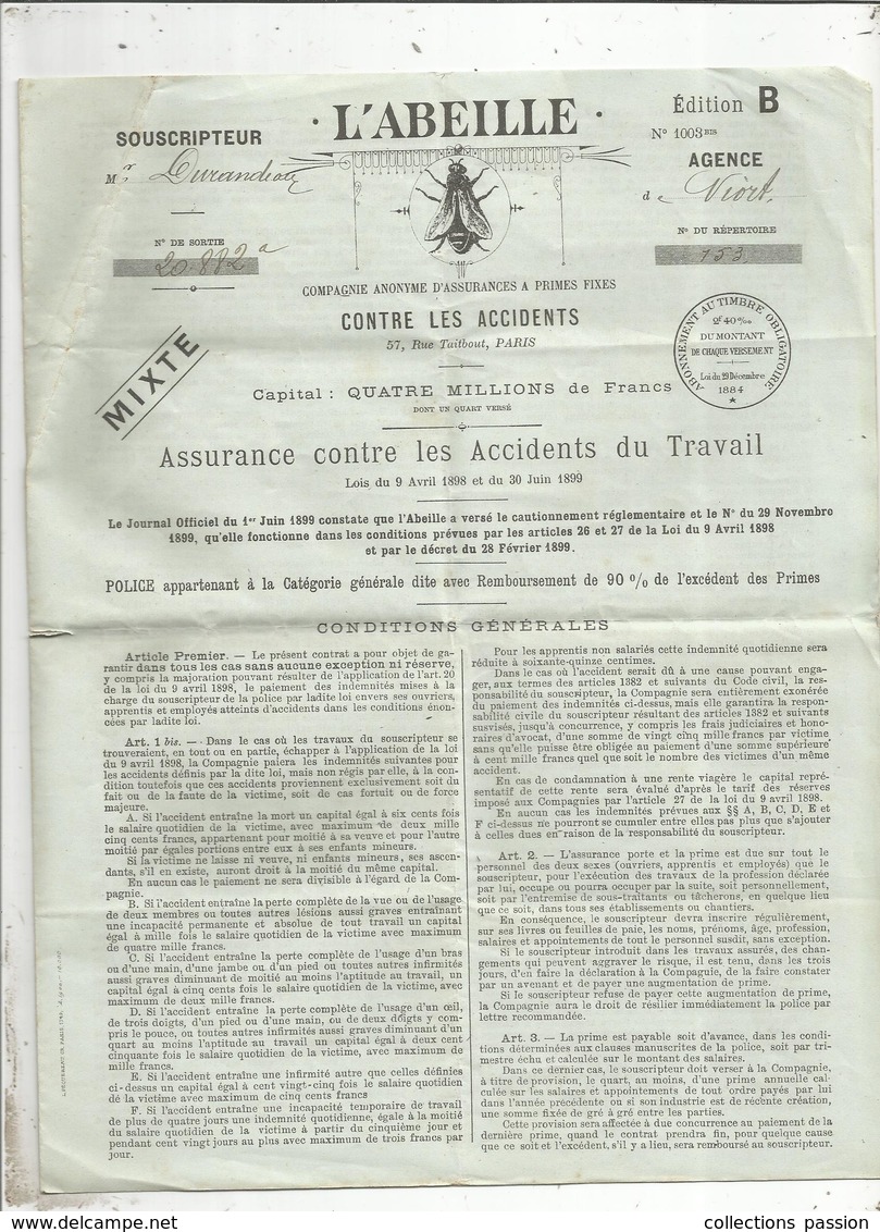 Assurance , 4 Pages ,  L'ABEILLE , Contre Les Accidents Du Travail, 1900 , Magné , Deux Sèvres, Frais Fr 1.85 E - Bank En Verzekering