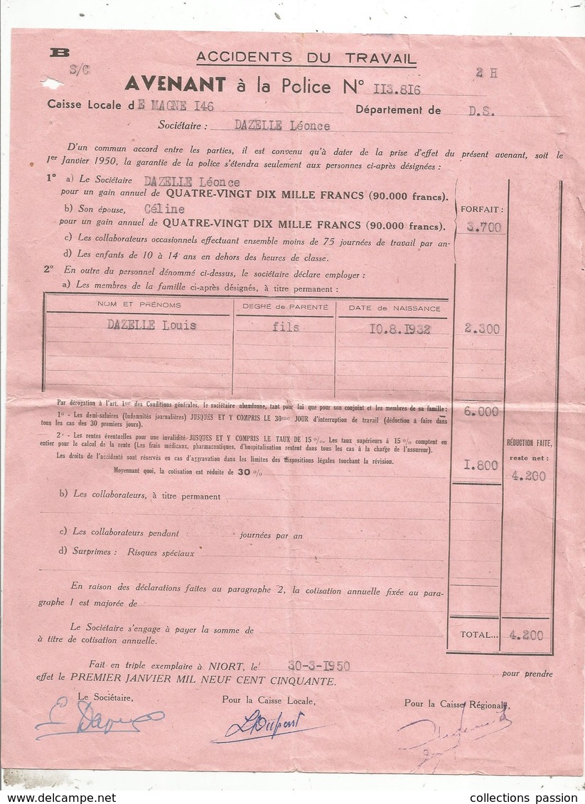Assurance  ,  L'ABEILLE , Avenant ,  Accidents Du Travail, 1950 , Magné , Deux Sèvres, Frais Fr 1.65 E - Bank En Verzekering