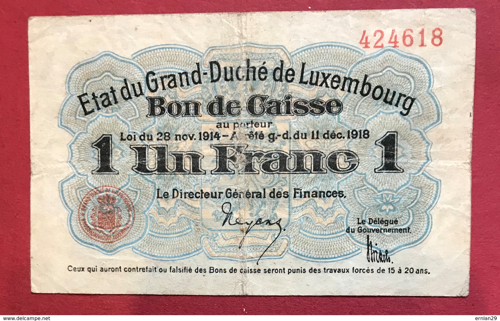 Luxembourg 1 Franc 1914-1918 (voir Signature ) - Luxembourg