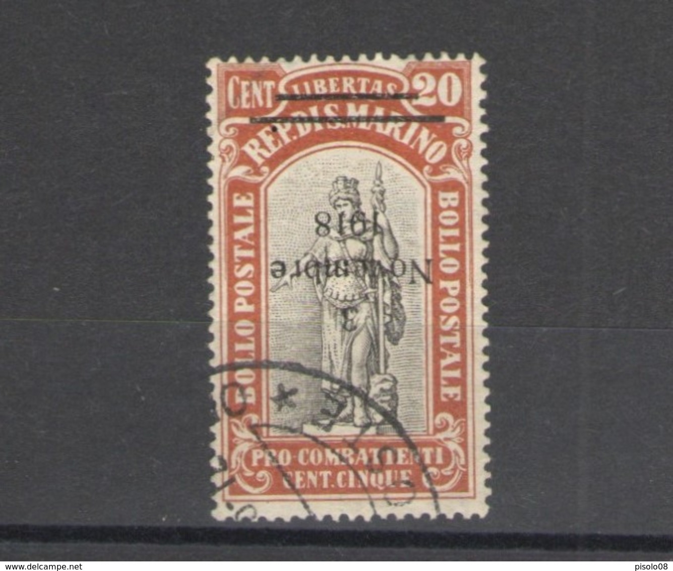 SAN MARINO 1918 VITTORIA SOP.TA  20 C. SOPRASTAMPA CAPOVOLTA USATA - Used Stamps