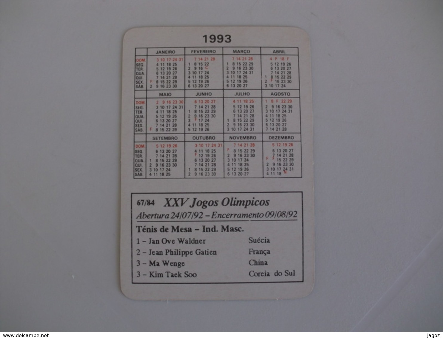 Ténis De Table Ténis De Mesa Ping Pong Jan Ove Waldner Sweden Jogos Olimpicos Portugal Portuguese Pocket Calendar 1993 - Petit Format : 1991-00