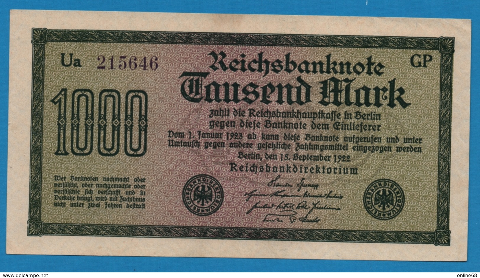 DEUTSCHES REICH 1000 Mark  Code GP	15.09.1922	# Ua 215646 P# 76d - 1000 Mark