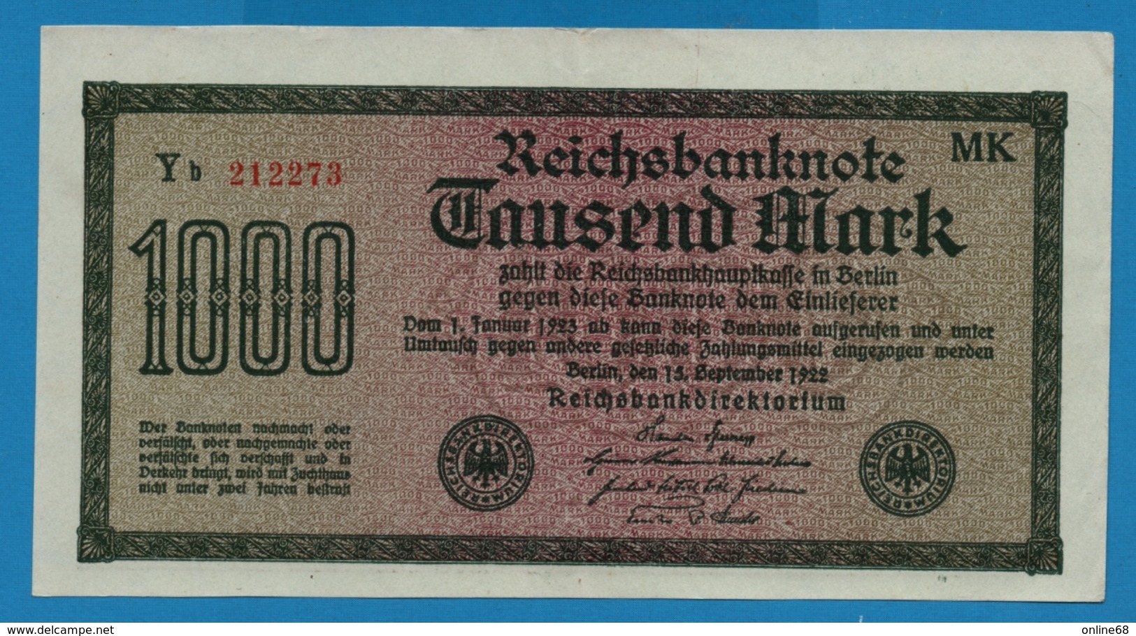 DEUTSCHES REICH 1000 Mark Code MK	15.09.1922	# Yb 212273 P# 76g - 1000 Mark