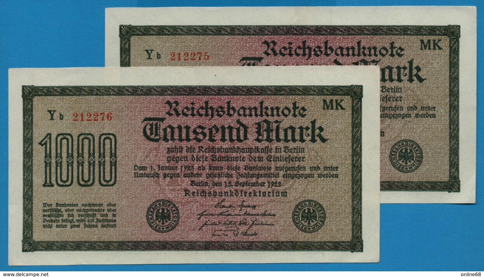 DEUTSCHES REICH 2 X 1000 Mark Code MK	15.09.1922	# Yb 212275+76  P# 76g - 1000 Mark