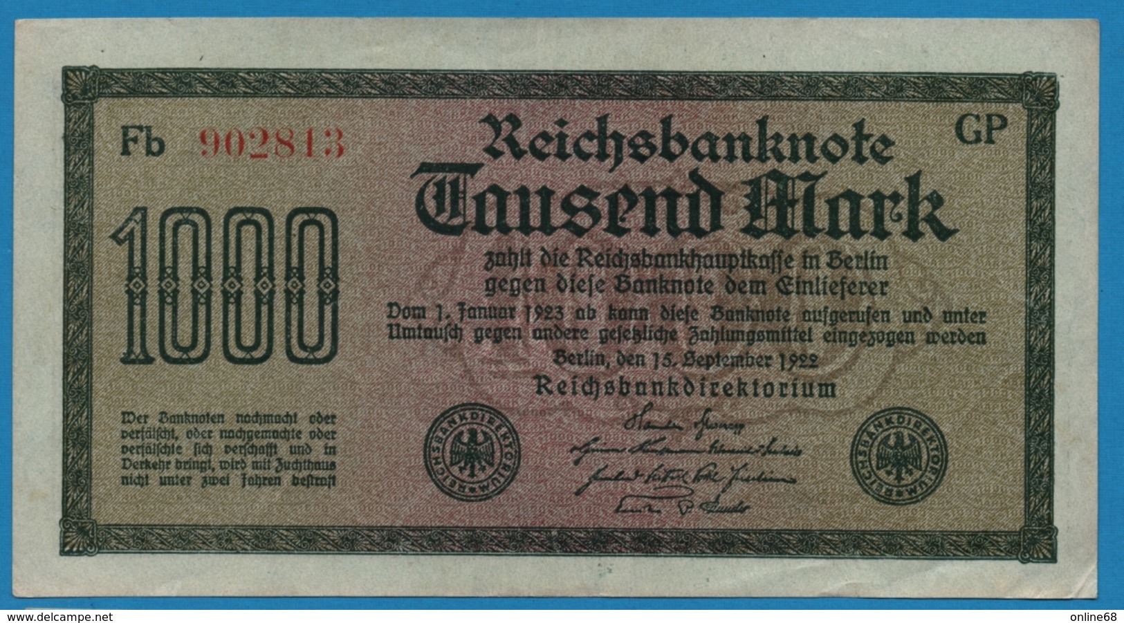 DEUTSCHES REICH 1000 Mark Code GP	15.09.1922	# Fb 902813  P# 76g - 1000 Mark