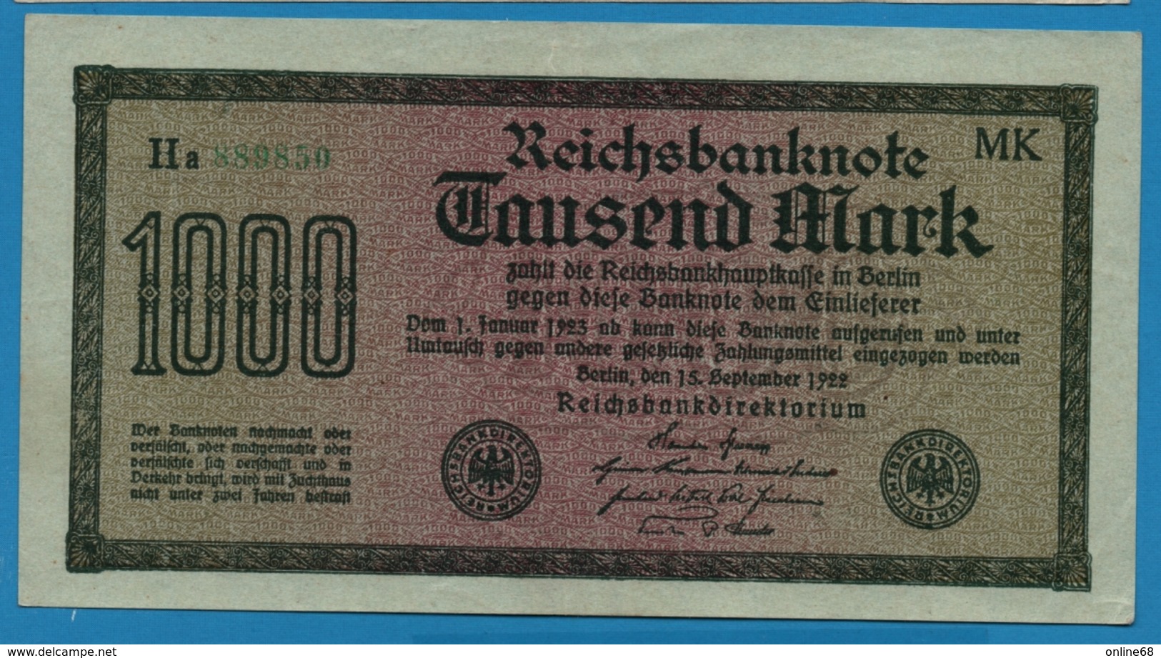 DEUTSCHES REICH 1000 Mark Code MK	15.09.1922	# Ha 889850 P# 76h - 1000 Mark