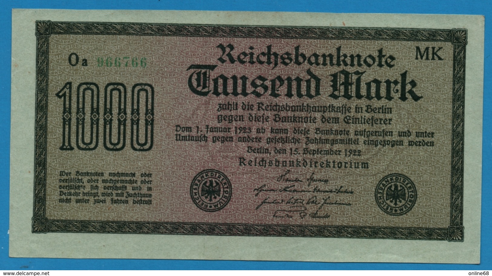 DEUTSCHES REICH 1000 Mark Code MK	15.09.1922  # Oa 966766 P# 76h - 1000 Mark