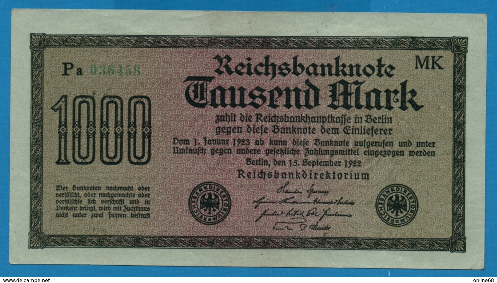 DEUTSCHES REICH 1000 Mark Code MK	15.09.1922  # Pa 036458 P# 76h - 1000 Mark