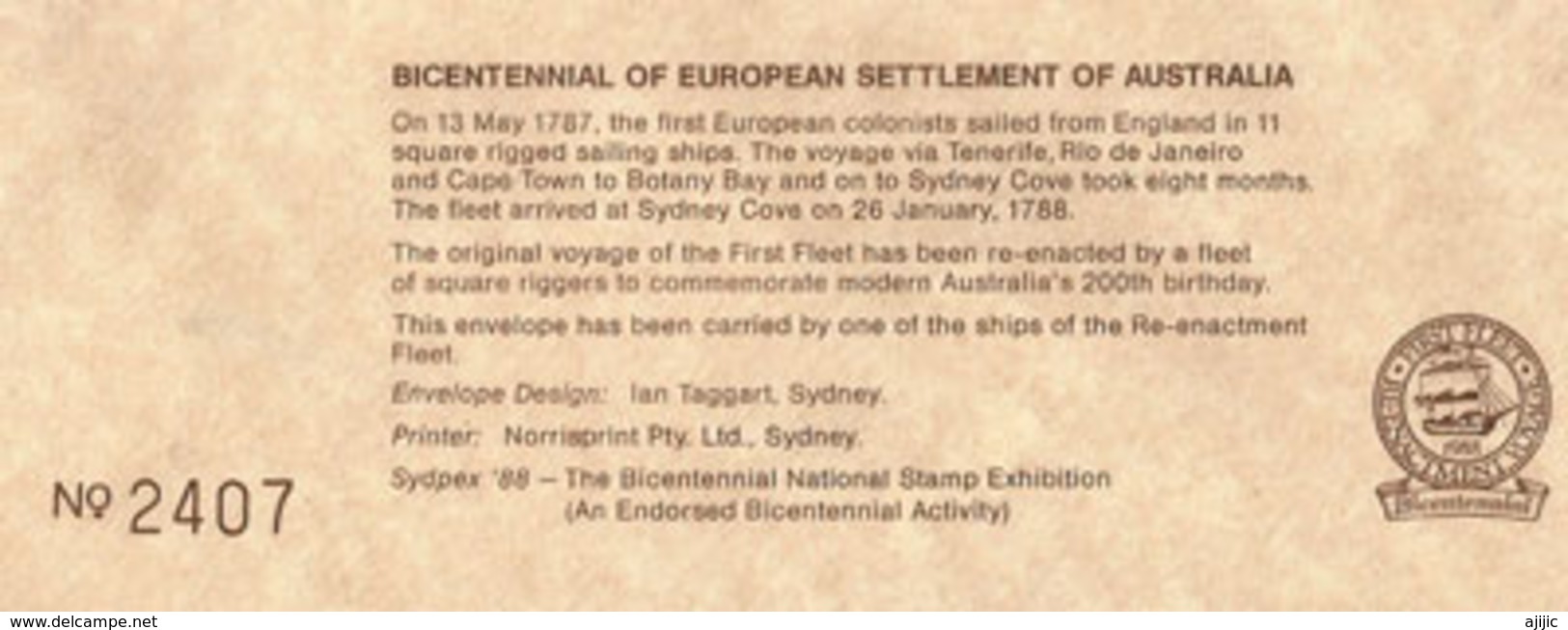 First Fleet Voyage To Australia.1787,envelope Carried On The Ships Of The Re-enactment Fleet.Escale Cape Town 22/9/1987 - Abarten Und Kuriositäten