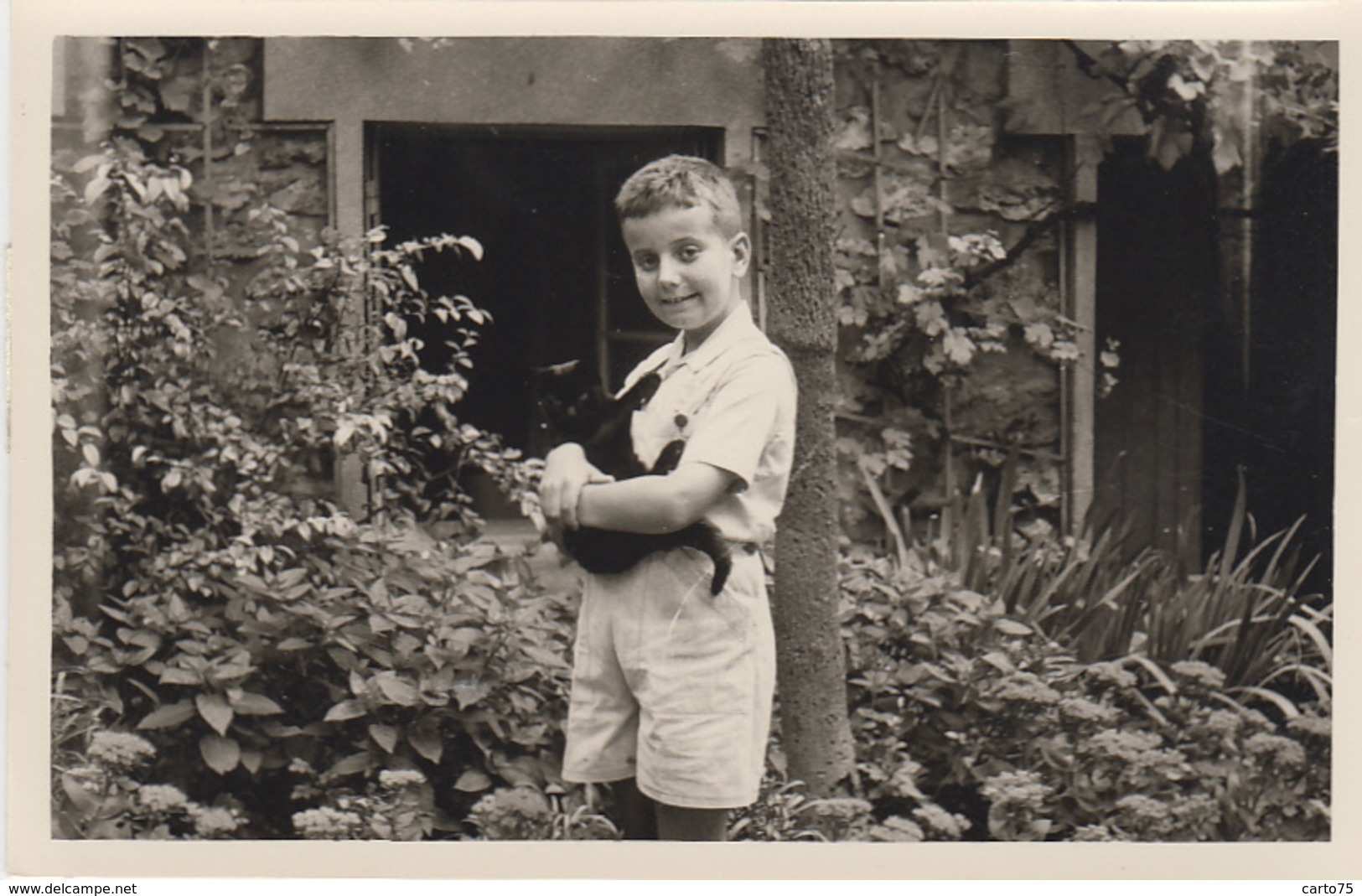 Photographie - Jeune Garçon Dans Jardin Avec Un Chat Noir - 1957 - Fotografie