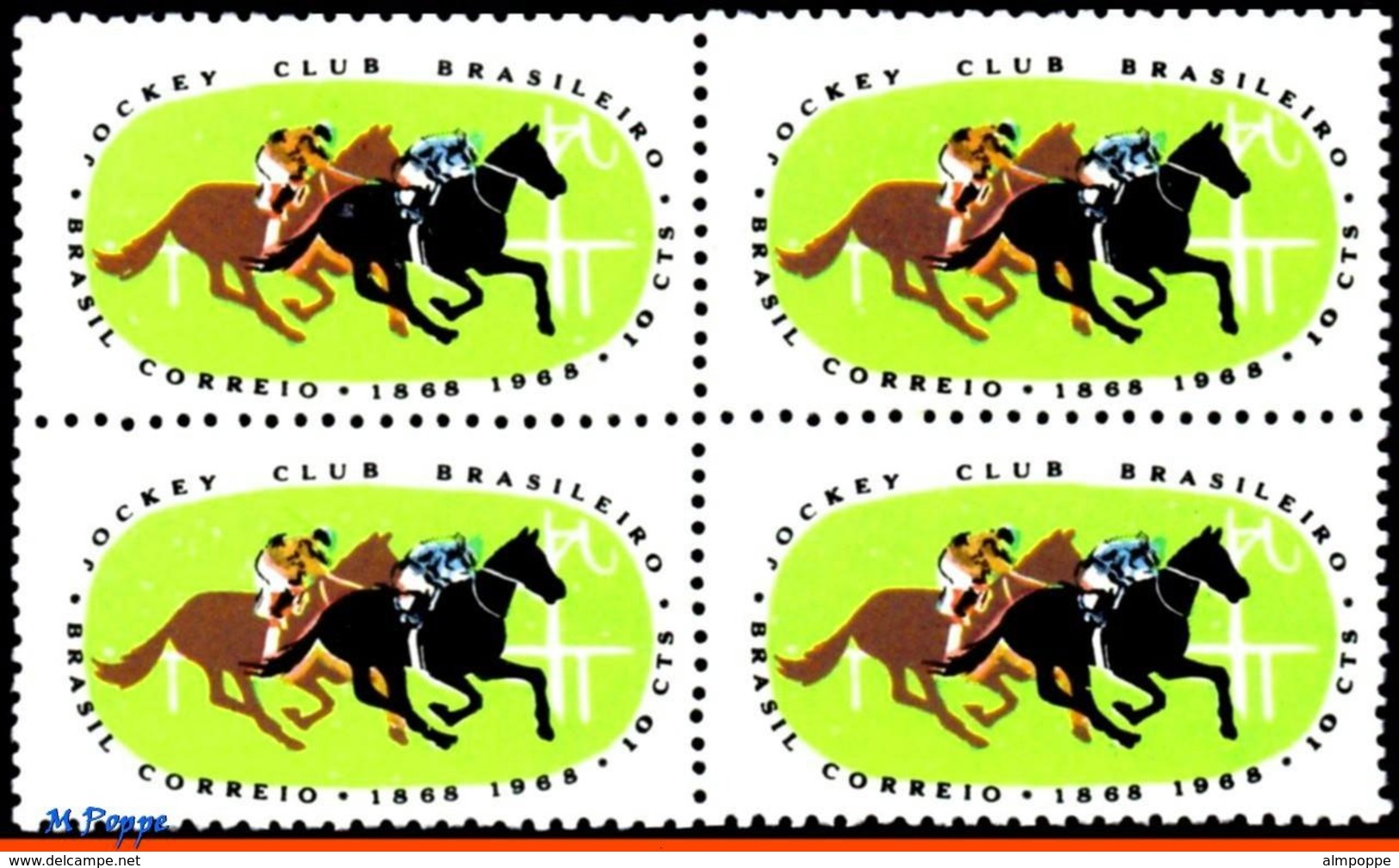 Ref. BR-1086-Q BRAZIL 1968 - CENT. JOCKEY CLUB,, HORSE RACE, BLOCK MNH, ANIMALS, FAUNA 4V Sc# 1086 - Hípica