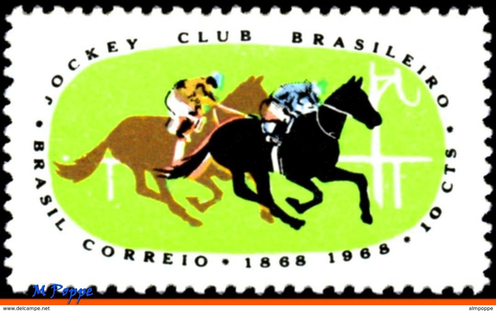 Ref. BR-1086-Q BRAZIL 1968 - CENT. JOCKEY CLUB,, HORSE RACE, BLOCK MNH, ANIMALS, FAUNA 4V Sc# 1086 - Hípica