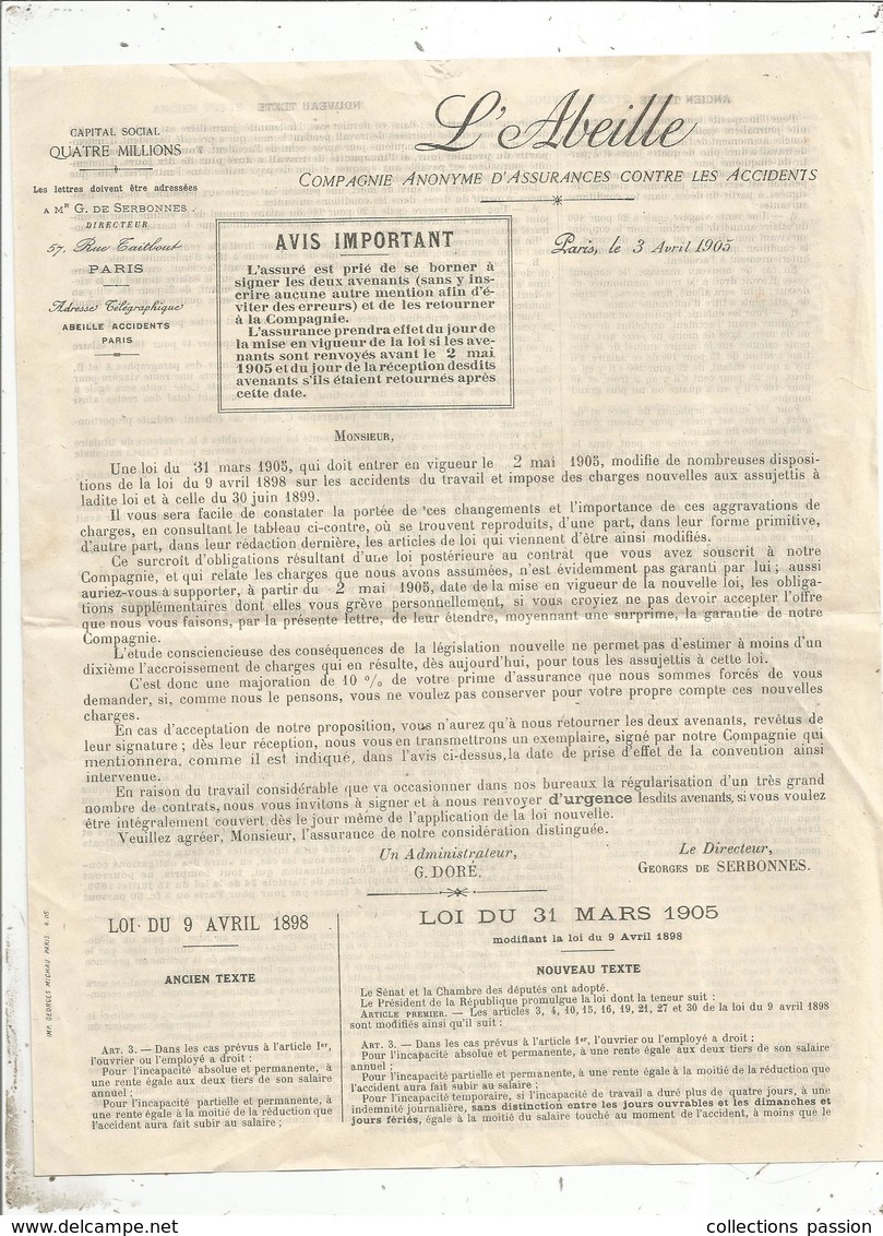 Assurance , 4 Pages ,  L'ABEILLE ,loi Du 31 Mars 1905 , Frais Fr 1.85 E - Banque & Assurance