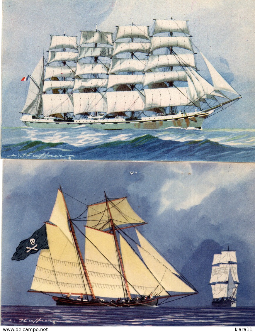2 CPA - Illustrateur HAFFNER - Cinq Mâts Barque "  La France " - Le Pirate - Haffner