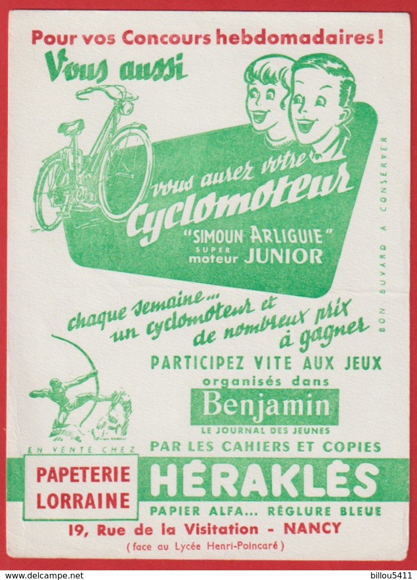 Buvard Héraklés ; Papeterie Lorraine NANCY ; Cyclomoteur " Simoun Arliguie " ( Organisés Par Le Journal Benjamin ) - Motos & Bicicletas