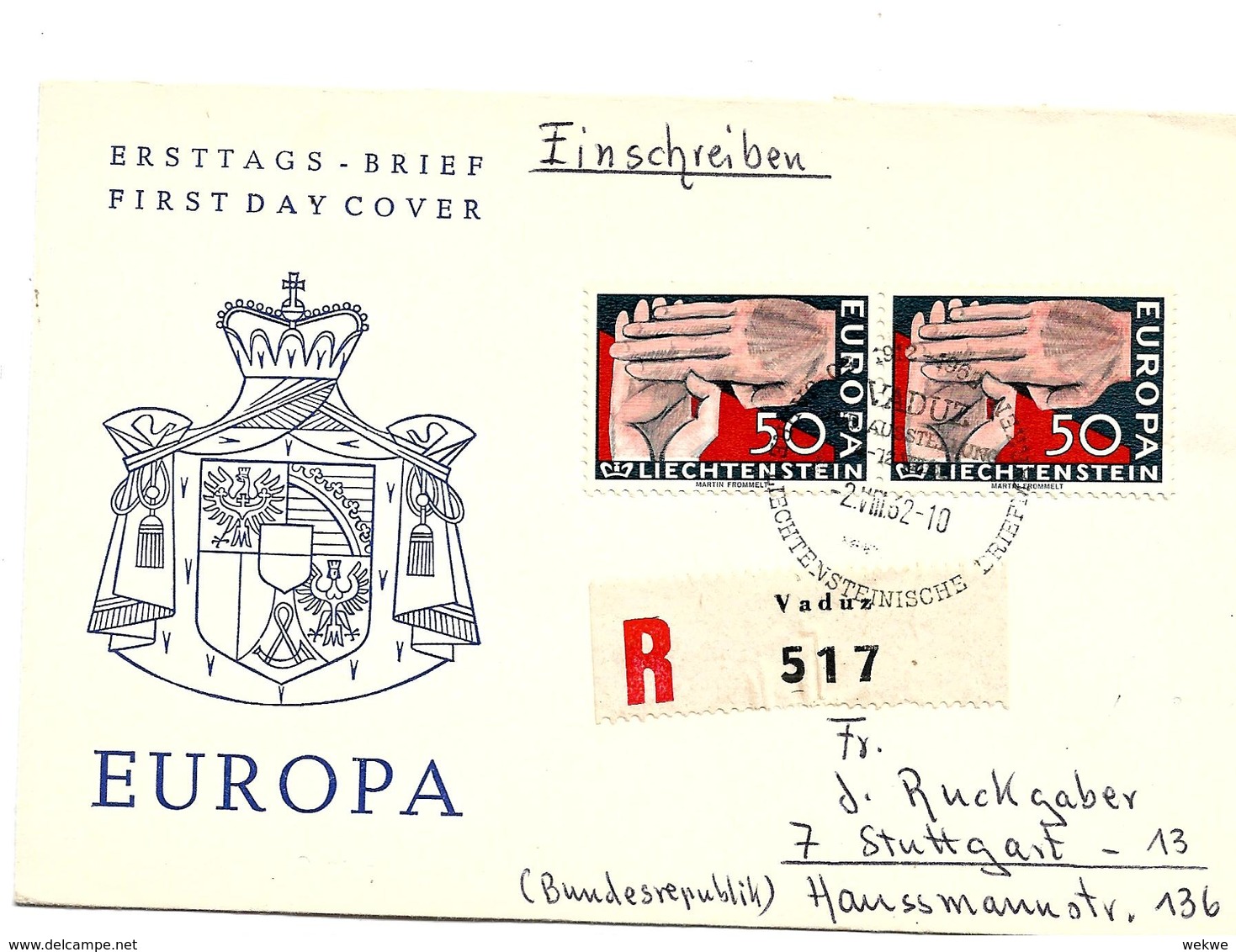 Lie092 / LIECHTENSTEIN - Europamarke 1962 Vom Ersttag Im Paar Per Einschreiben Nach Stuttgart - Storia Postale