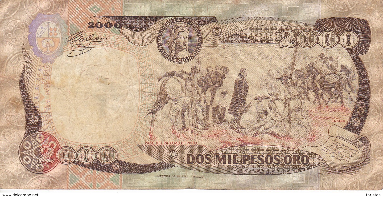 BILLETE DE COLOMBIA DE 2000 PESOS DE ORO DEL AÑO 1990 (BANK NOTE) - Colombia