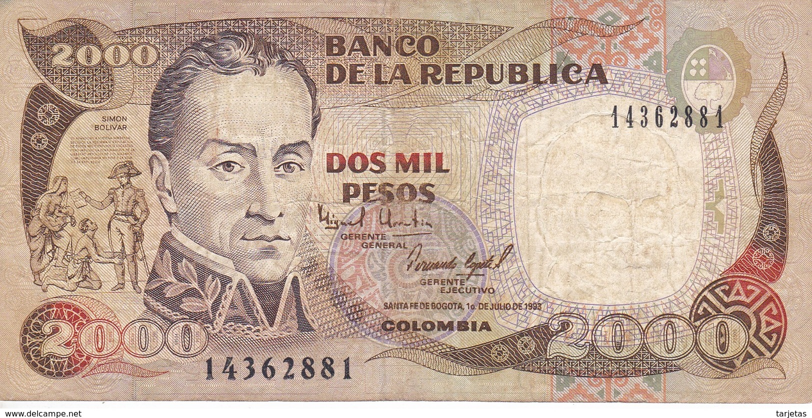 BILLETE DE COLOMBIA DE 2000 PESOS DE ORO DEL AÑO 1993 (BANK NOTE) - Colombie