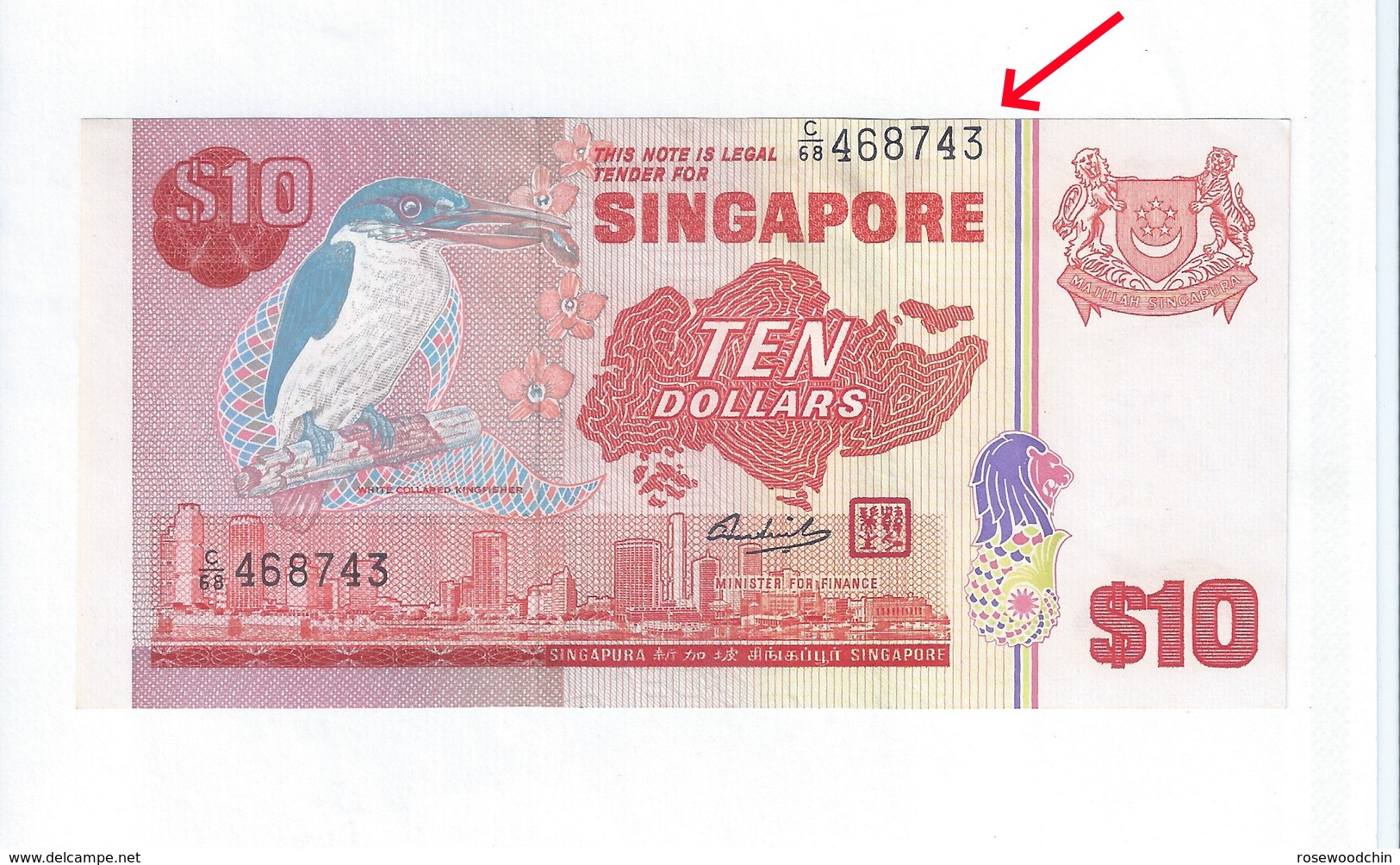 Rare ! Banknote - Singapore $10 Bird Series Aligned Cutting Error C68/468743 (#170) UNC - Singapore