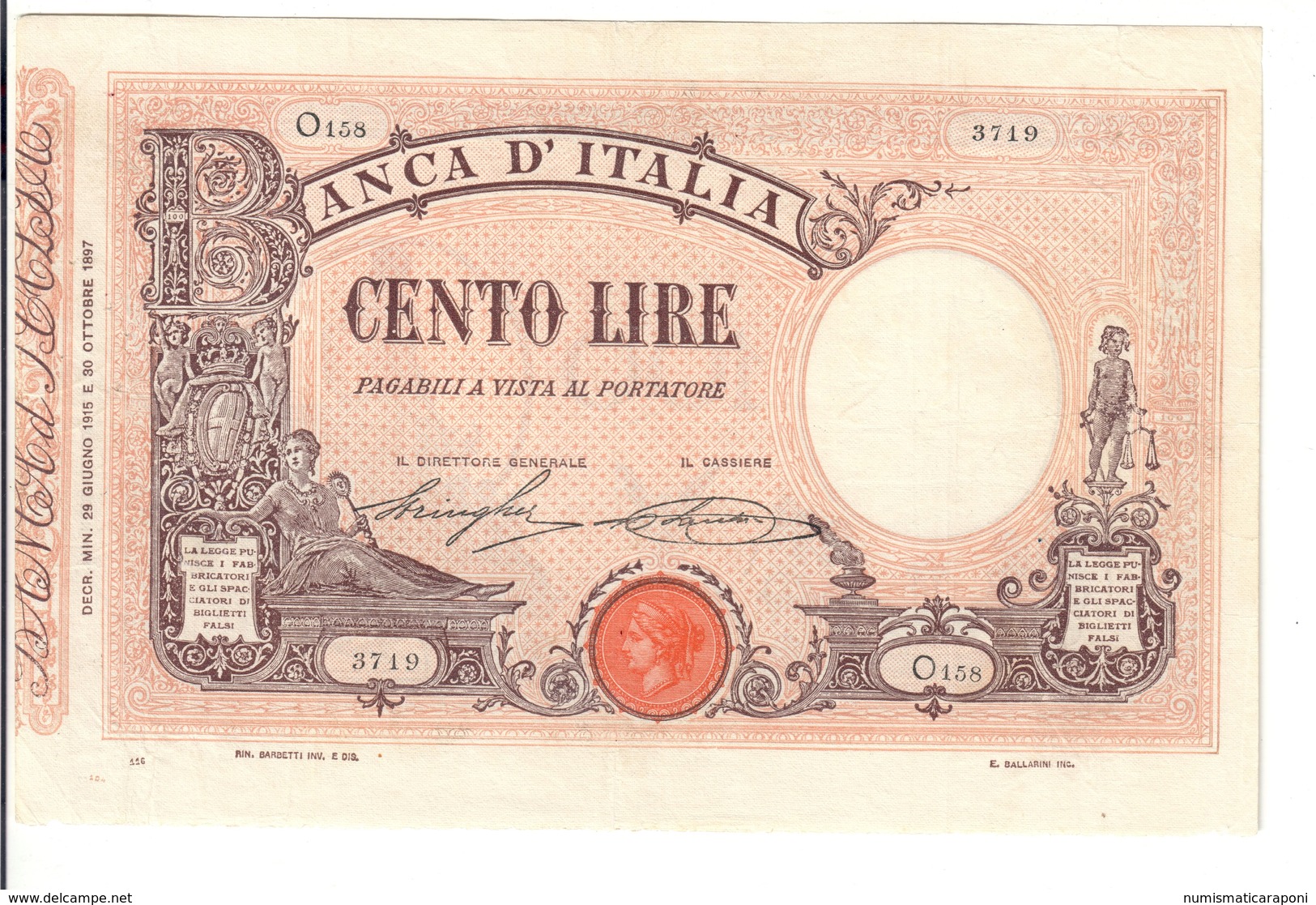 100 LIRE Barbetti Matrice Decreto 29 06 1915 Leggermente Pressato Bel Bb+  LOTTO 2991 - Italia – 5 Lire