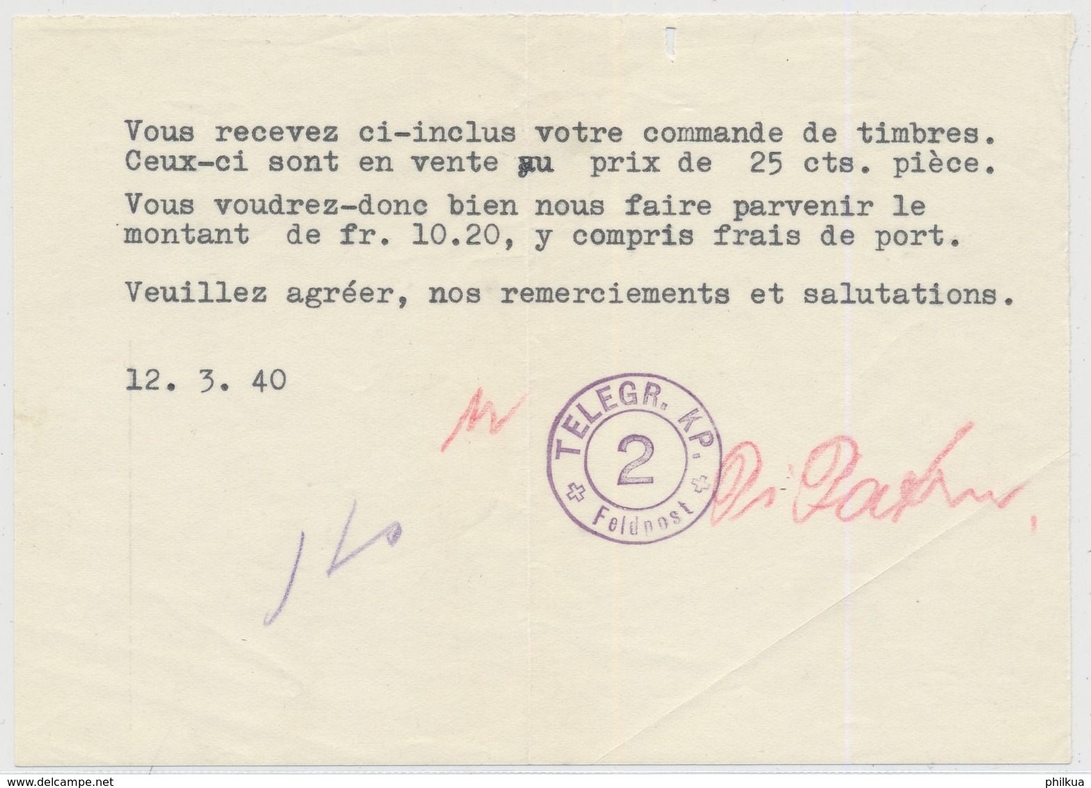 Brief Mit Truppensstempel TELEGR. KP. 2 FELDPOST (WK II) Schweiz, Datiert 12. März 1940 - Documents