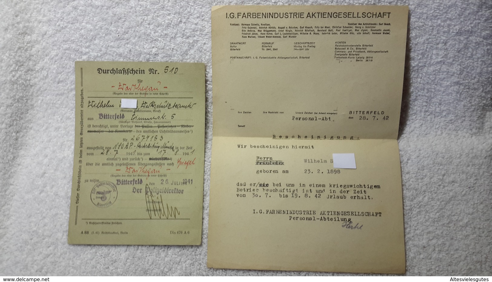 Durchlaßschein Reisepass Und Bescheinigung Farbenindustrie Bitterfeld Ausweis 1941 / 42 - Documents