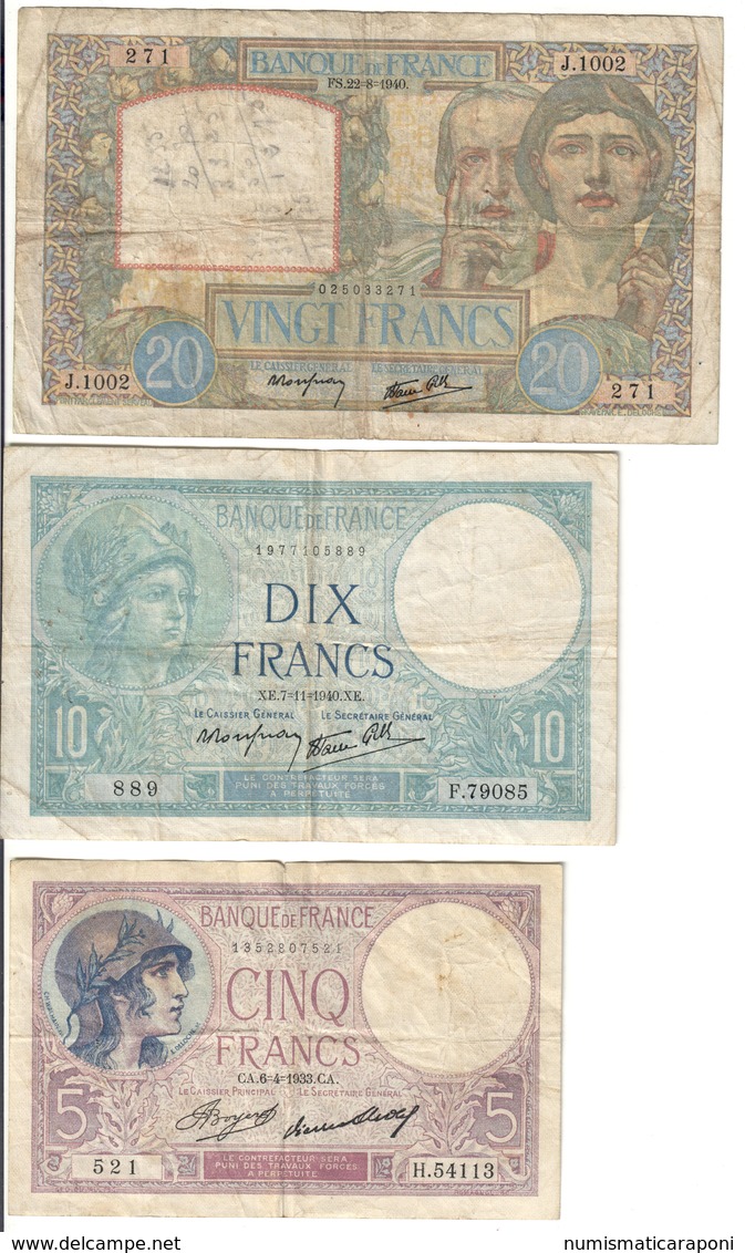 FRANCIA France 5 FRANCS 1933 + 10-20 Francs 1940  LOTTO 2859 - 10 F 1963-1973 ''Voltaire''